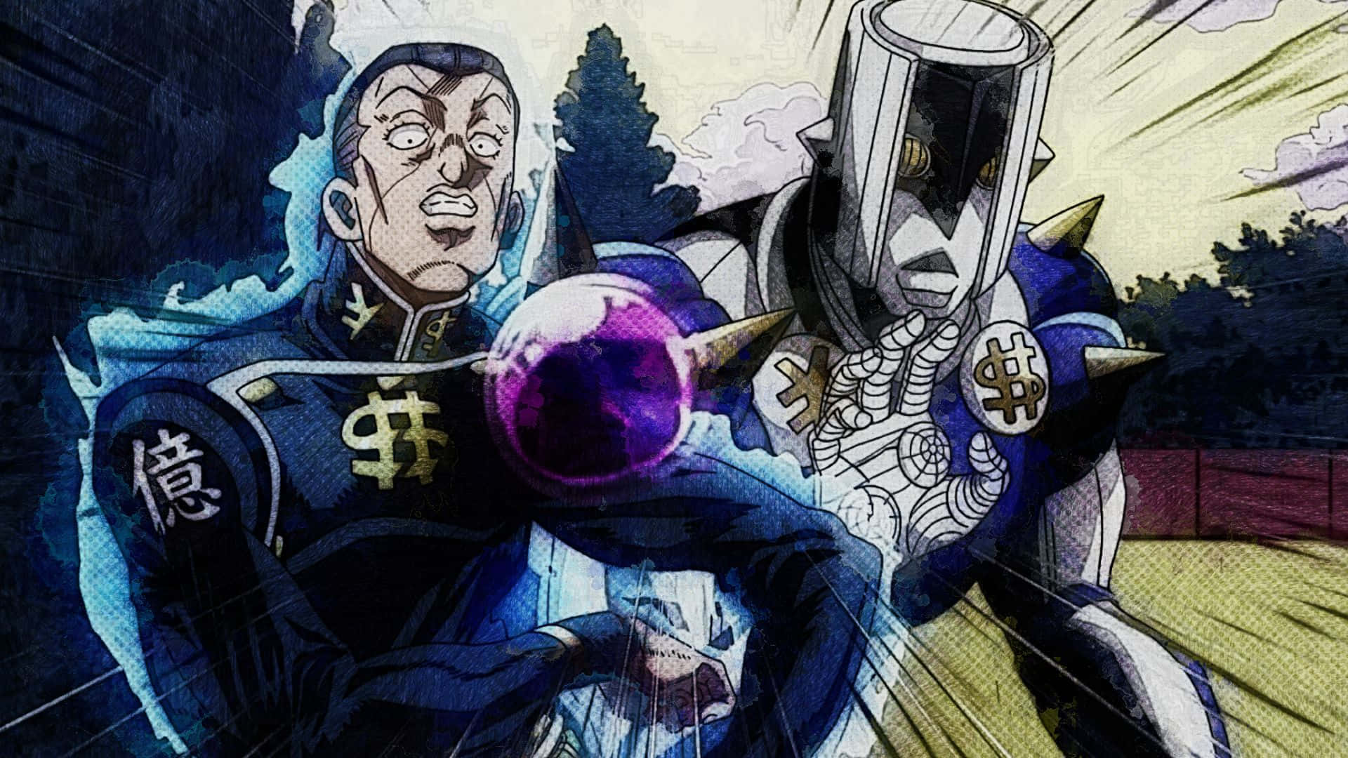 Okuyasu Nijimura 桌布 壁紙 — 兩個動漫角色在動態漫畫風格的戰鬥場景中，與一個發光的紫色球體碰撞。