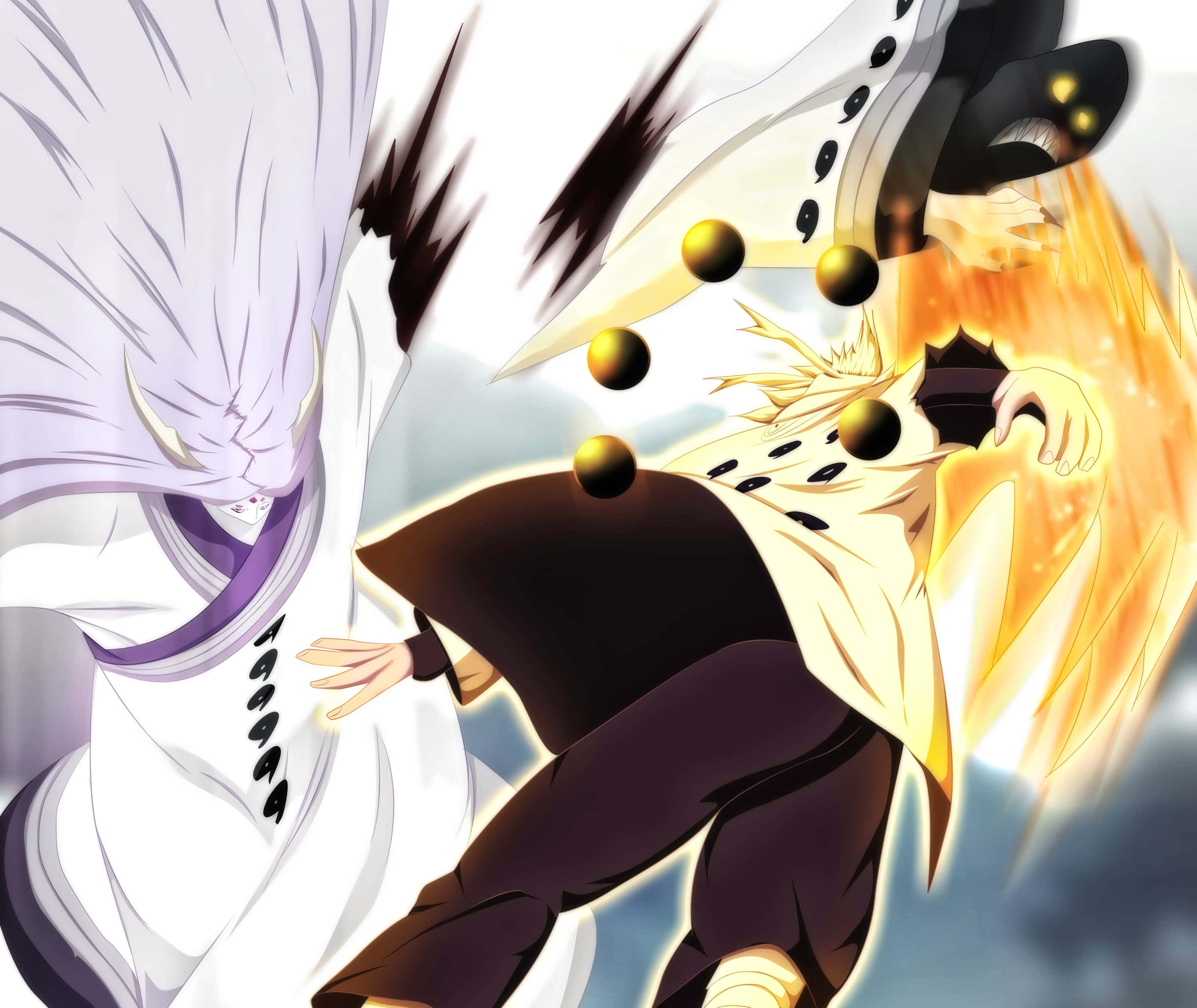 Black Zetsu 桌布 壁紙 — 兩個動漫角色在半空中碰撞，伴隨著發光的球體和動態運動線條，背景是多雲的天空。