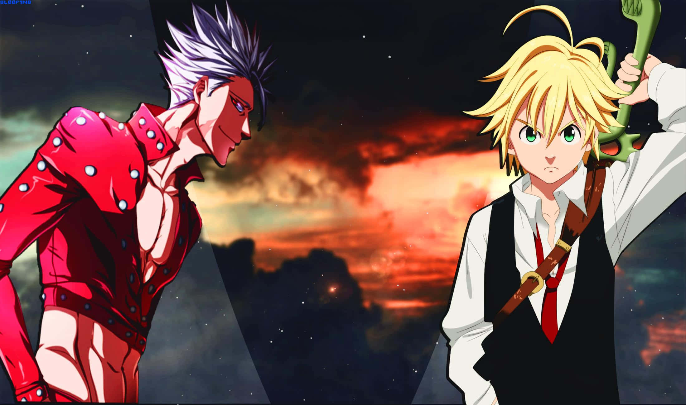 Seven Deadly Sins Ban 桌布 壁紙 — 兩個動漫角色在可見星星的熾熱日落天空下對峙。