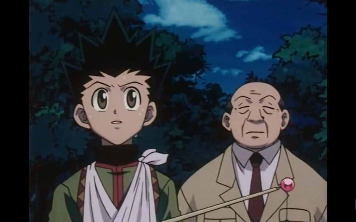 Hunter X Hunter Zebro 桌布 壁紙 — 兩個動漫角色在夜晚的戶外站立，一個年輕有尖刺頭髮，另一個年長有拐杖和粉紅色鈕扣。