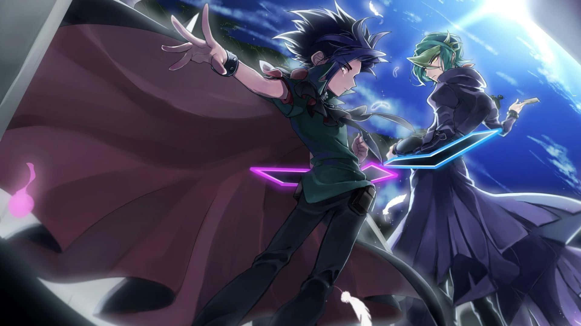 Yu-gi-oh Yuto 桌布 壁紙 — 兩個動漫角色在宇宙背景下，伴隨著旋轉的能量效果，用發光的刀刃決鬥。