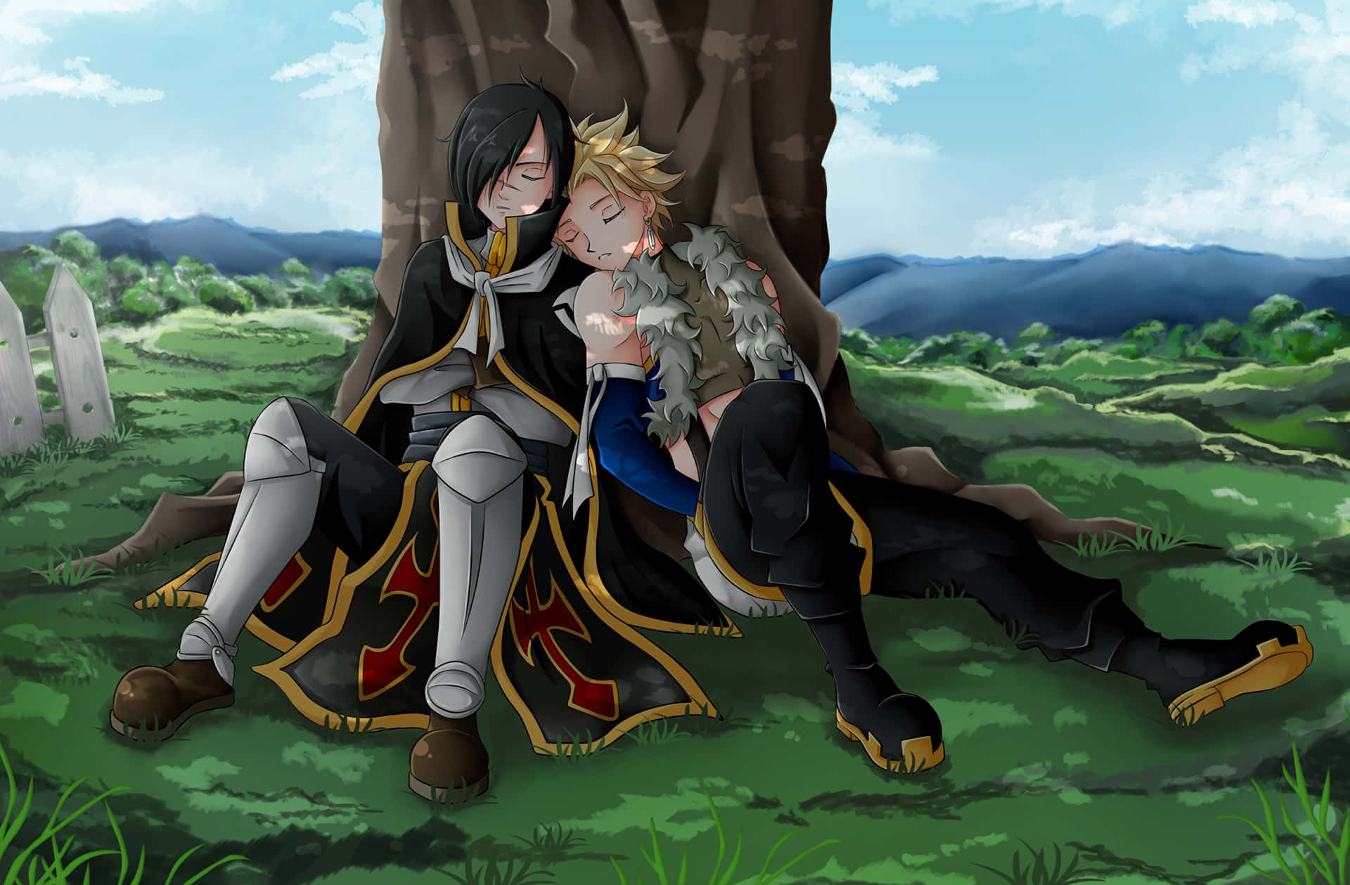 Rogue Cheney 桌布 壁紙 — 兩個動漫角色在寧靜的綠色田野中，一棵大樹下安詳地休息，遠處有山巒。