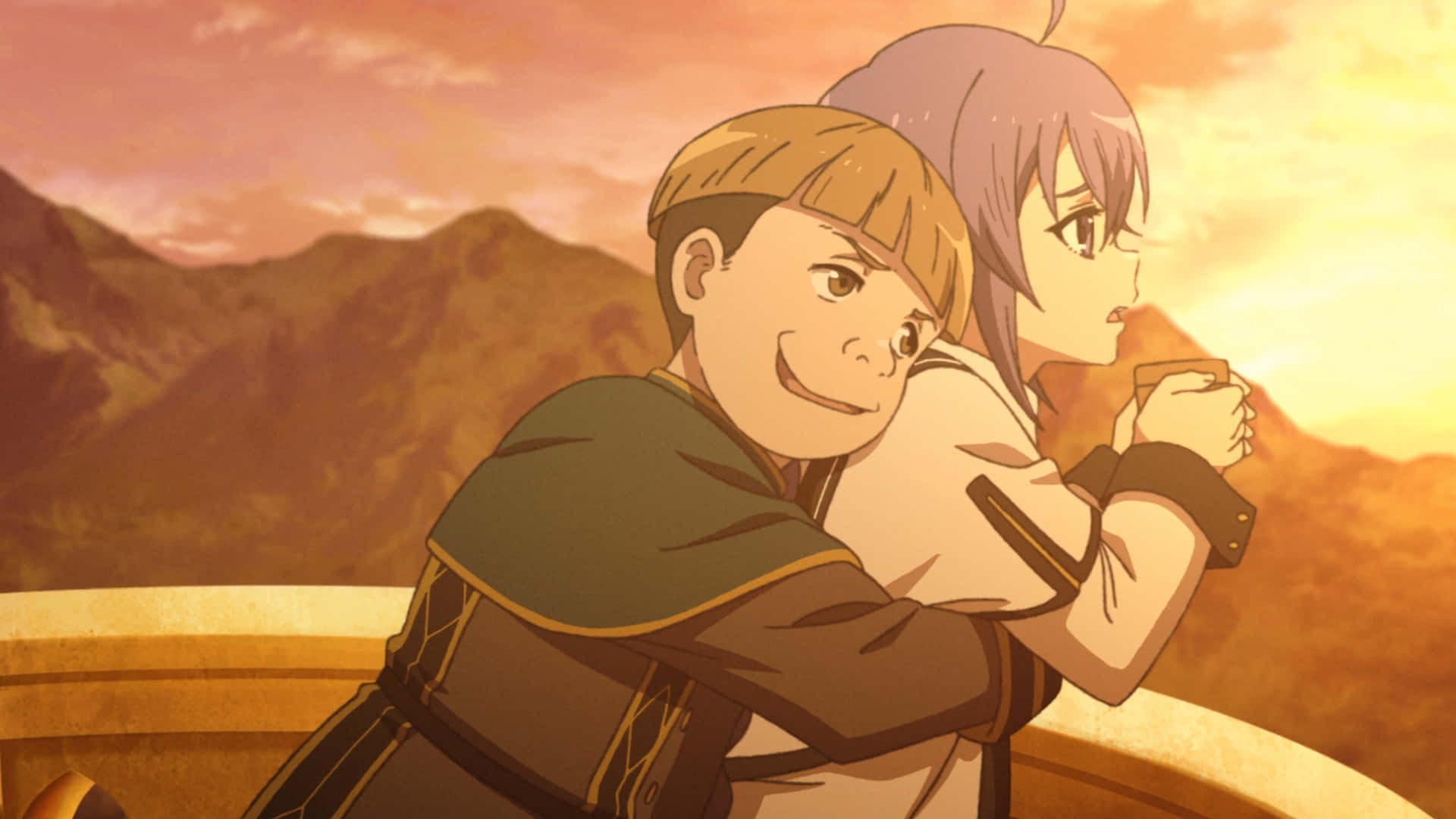 Mushoku Tensei 桌布 壁紙 — 兩個動漫角色在崎嶇山脈上輝煌的日落中溫暖擁抱。
