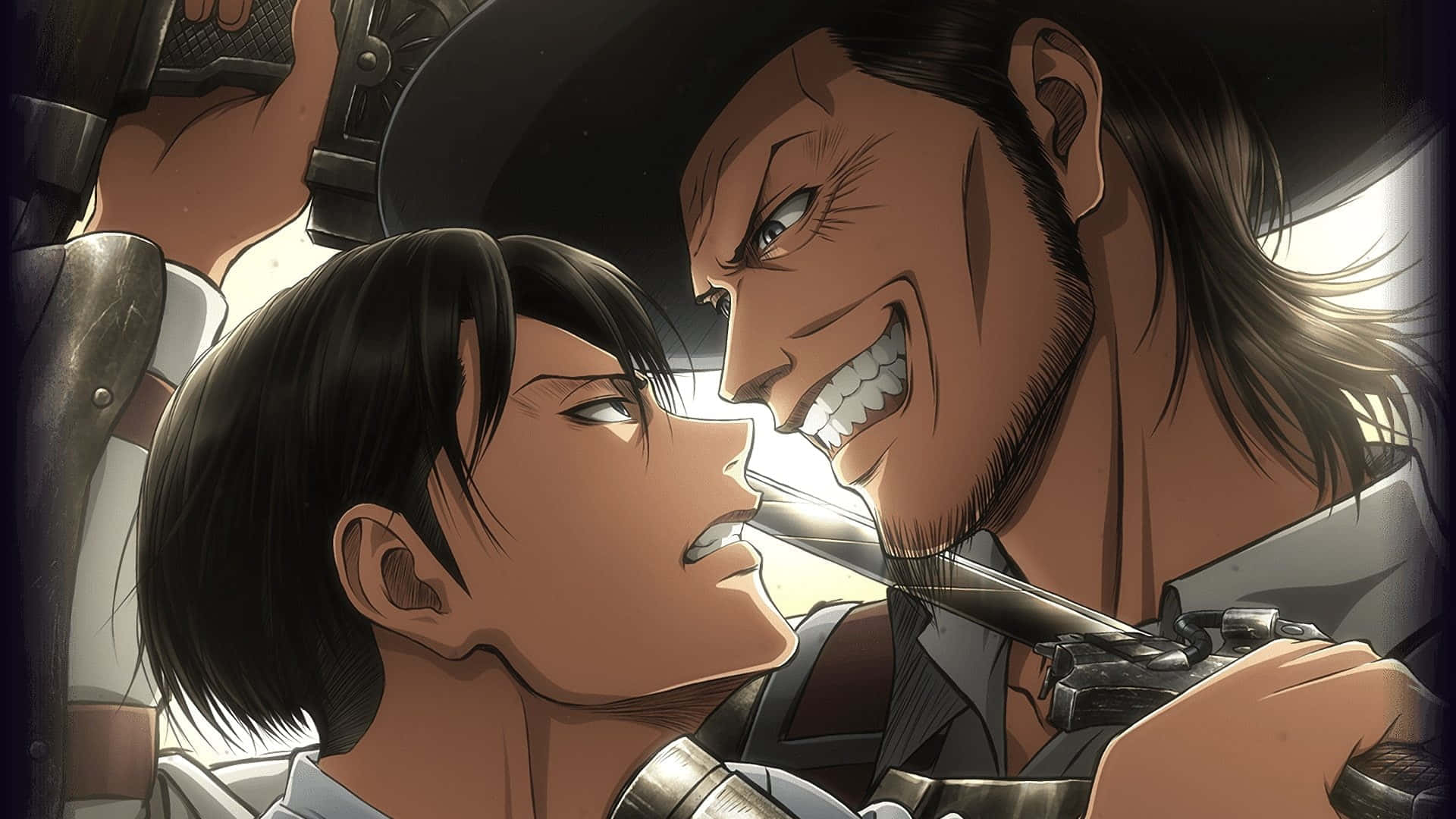 Attack On Titan Poster 桌布 壁紙 — 兩個動漫角色在戲劇性燈光下，以武器出鞘和強烈表情進行緊張的特寫對峙。