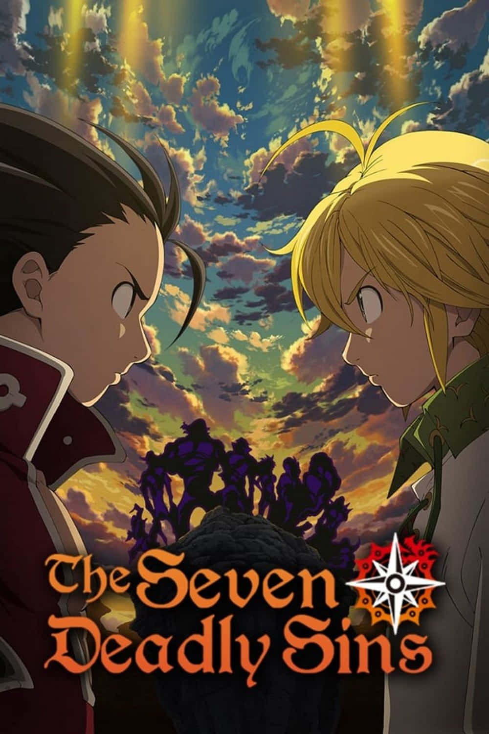 The Seven Deadly Sins 桌布 壁紙 — 兩個動漫角色在戲劇性的日落天空下對峙，下方有剪影人物。