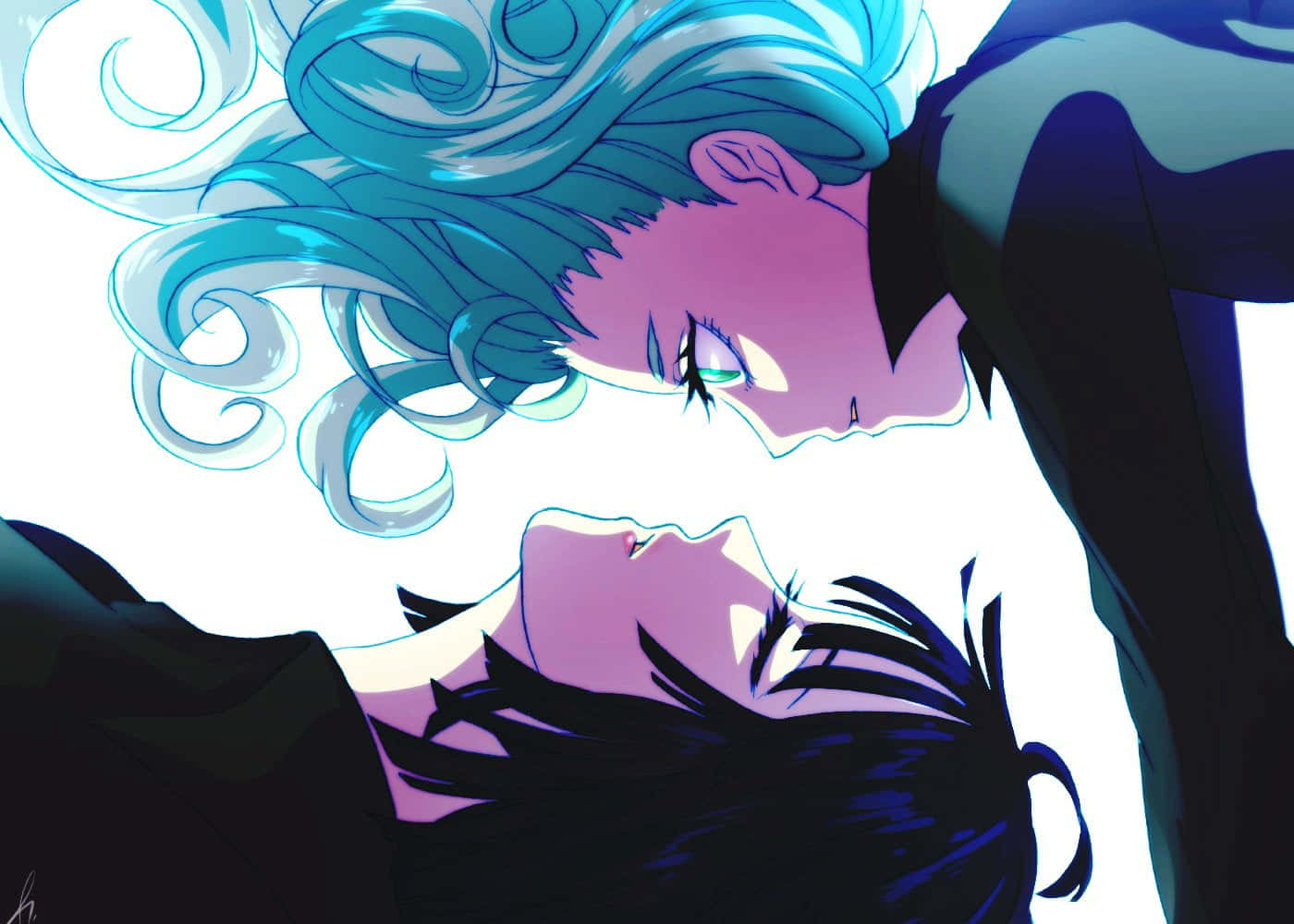 Fubuki 桌布 壁紙 — 兩個動漫角色在戲劇性的特寫中互相凝視，帶有旋轉的藍色頭髮和強烈的燈光。