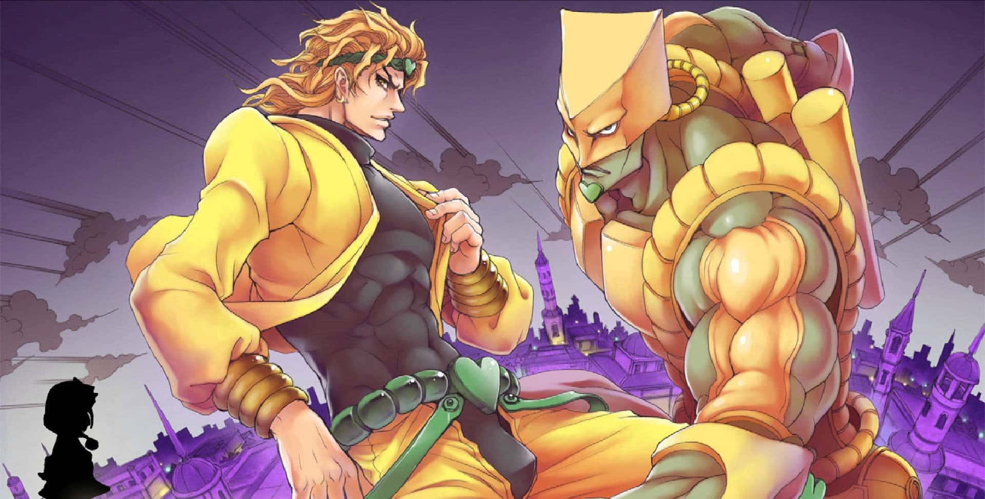 Jojo Stands 桌布 壁紙 — 兩個動漫角色在戲劇性的紫色城市景觀中對峙，下方有一個剪影人物在觀看。