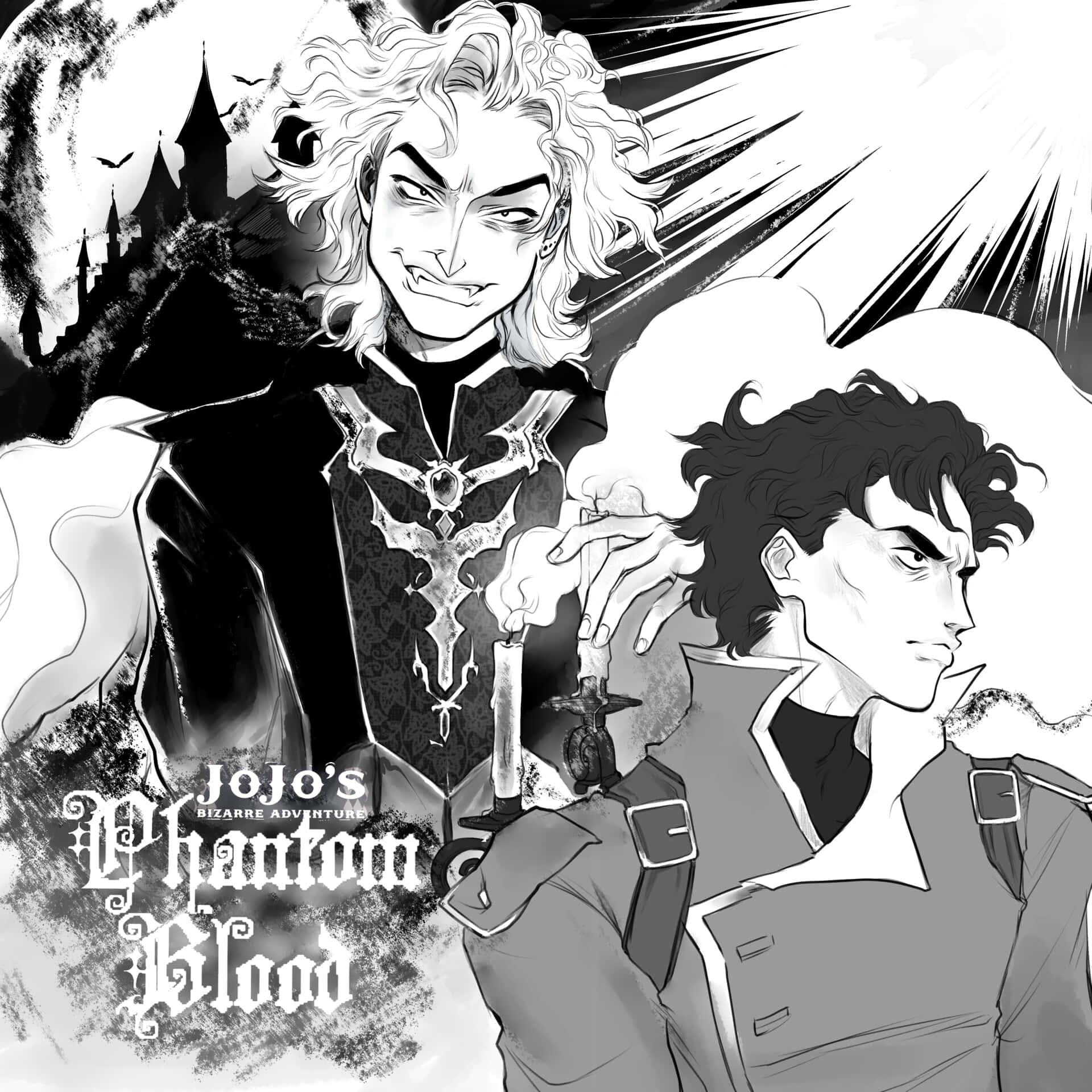 Phantom Blood 桌布 壁紙 — 兩個動漫角色在戲劇性的黑白場景中，背景有哥德式城堡和蝙蝠。