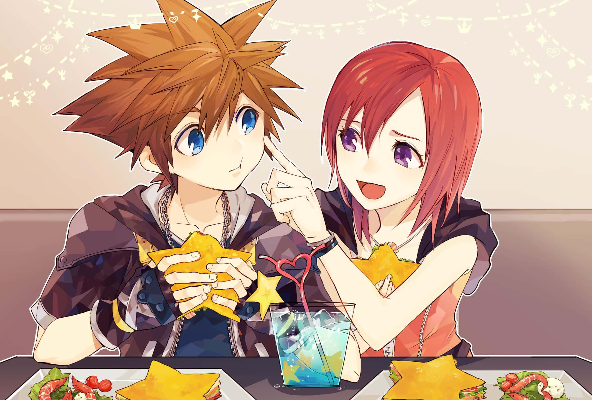 Kingdom Hearts Kairi 桌布 壁紙 — 兩個動漫角色在掛燈下共享一頓愉快的餐點，桌上放有星形薯片和飲料。