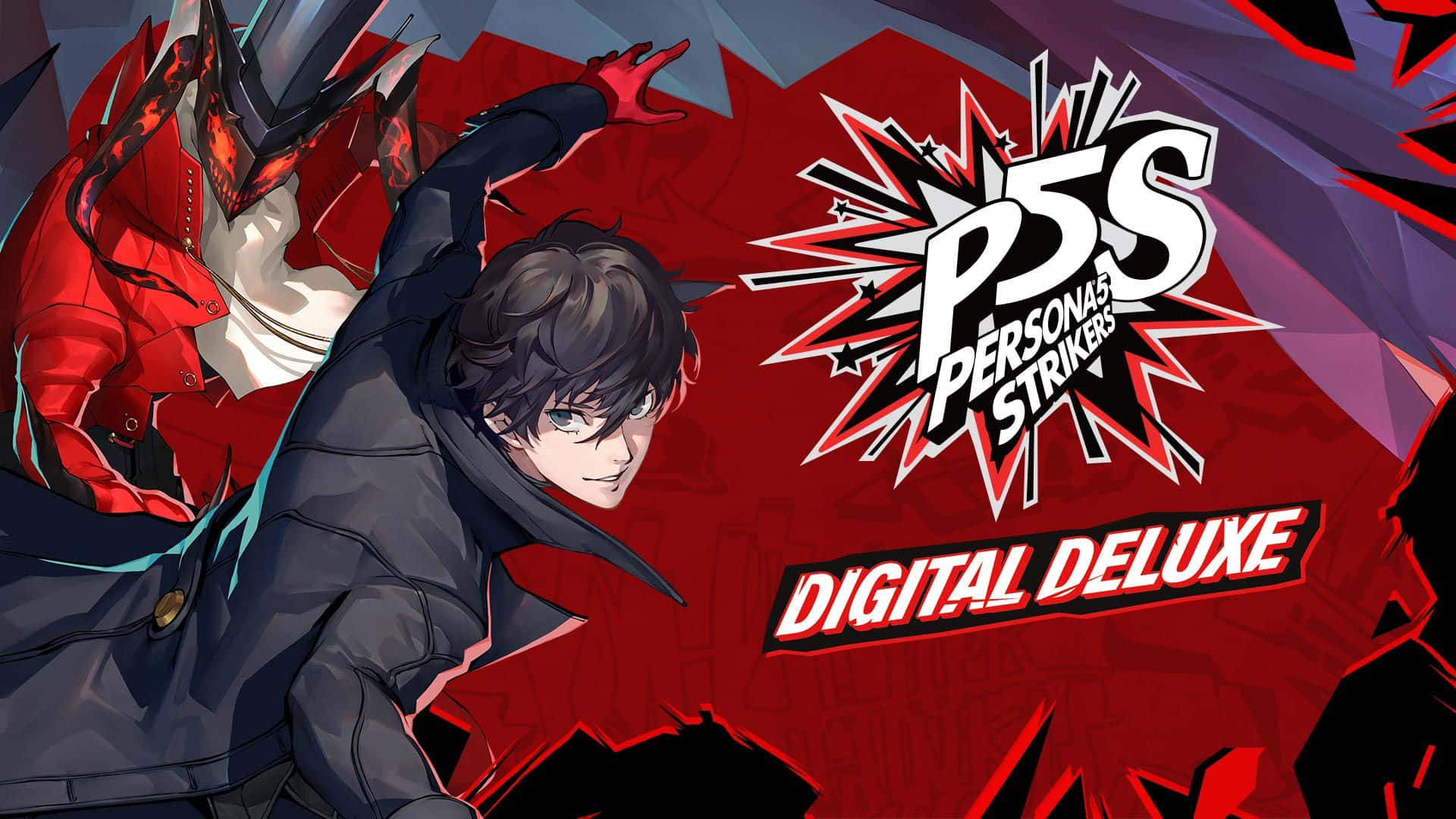 Persona 5 Strikers 桌布 壁紙 — 兩個動漫角色在搶眼的紅黑背景上擺出動態姿勢，並帶有 Persona 5 Strikers 標誌。