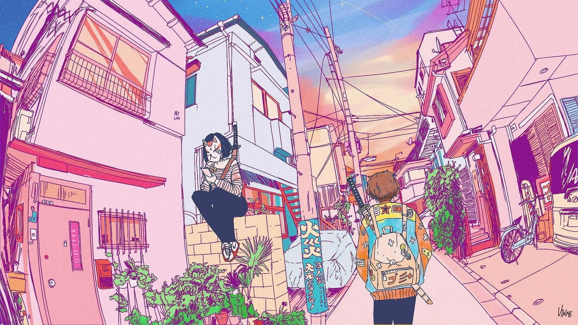 Aesthetic Pink Anime 桌布 壁紙 — 兩個動漫角色在日落時分，星空下走過一條充滿活力的粉紅色和紫色日本小巷。