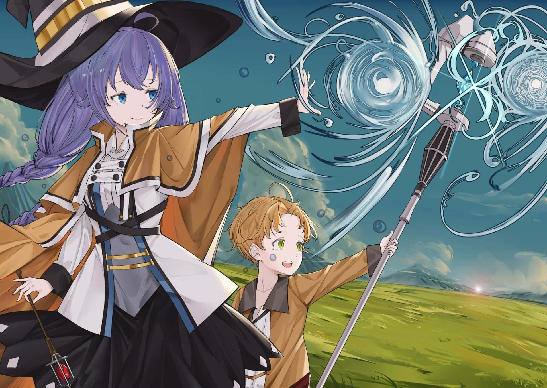 Mushoku Tensei 桌布 壁紙 — 兩個動漫角色在日落時分於草地上揮舞魔法杖，施展旋轉的藍色法術。