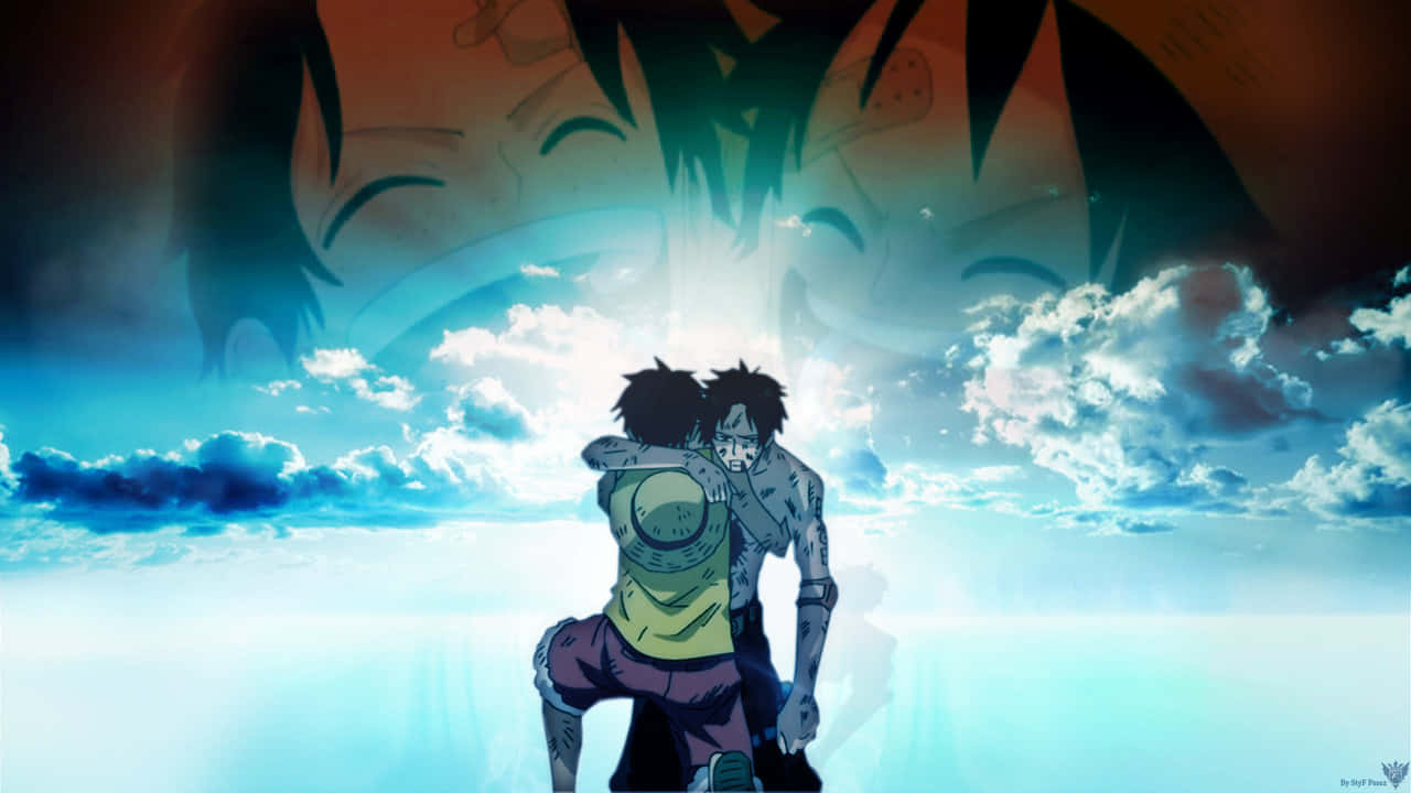 Marineford Aftermath 桌布 壁紙 — 兩個動漫角色在明亮的天空下擁抱，一個巨大的笑臉懸浮在他們上方。