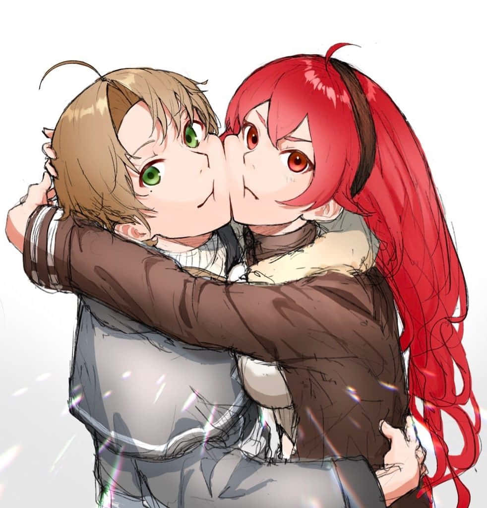 Mushoku Tensei 桌布 壁紙 — 兩個動漫角色在明亮的白色背景上溫暖地擁抱，其中一個親吻另一個的臉頰，背景有閃爍的光芒。