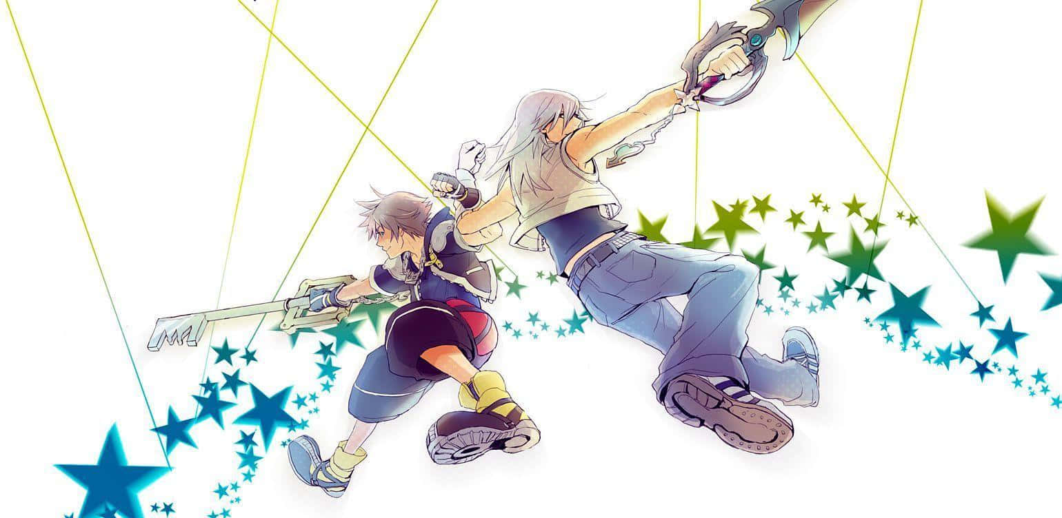 Kingdom Hearts Sora 桌布 壁紙 — 兩個動漫角色在明亮的白色背景下，揮舞著鑰刃，動態地穿過星域。