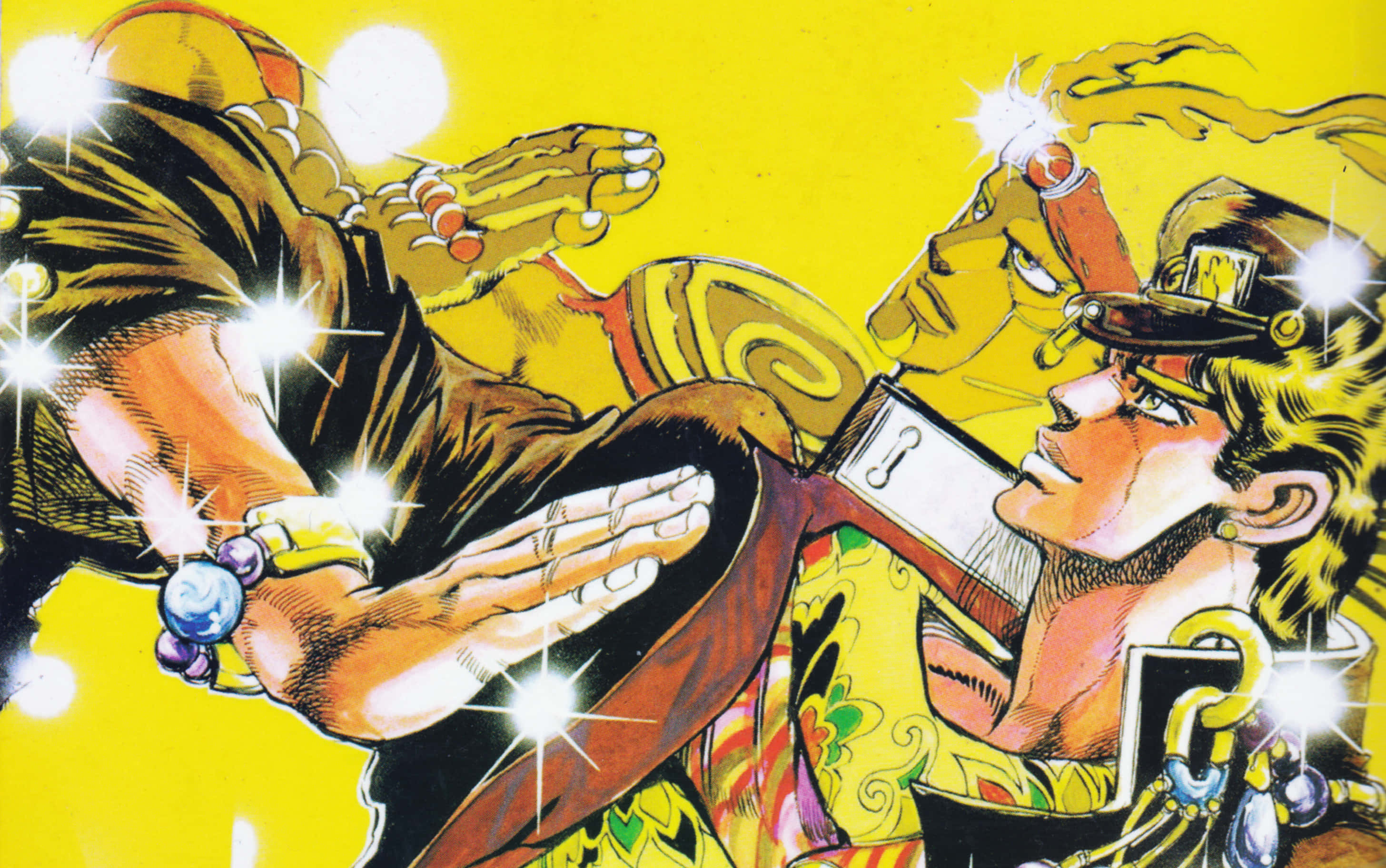 joseph joestar 桌布 壁紙 — 兩個動漫角色在明亮的黃色背景上，伴隨著閃爍效果，展開一場動態的戰鬥。