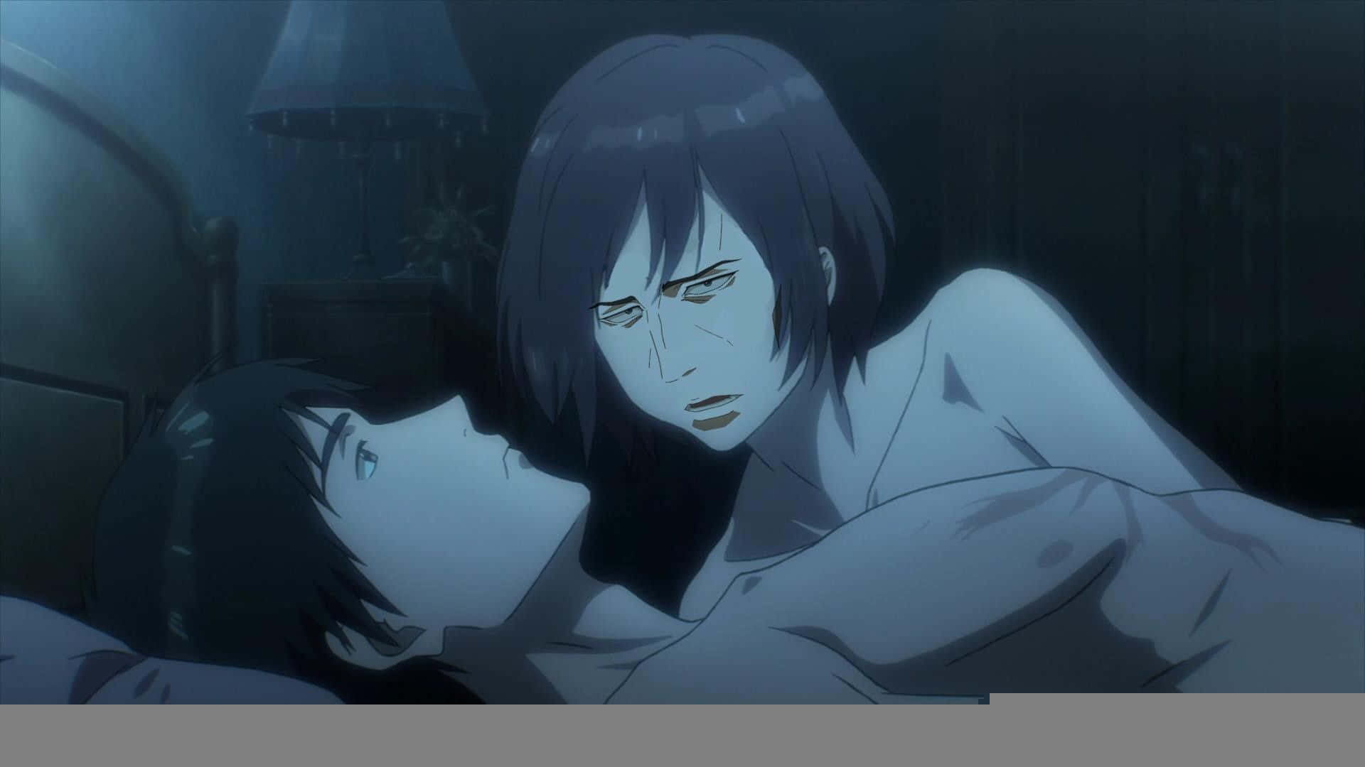 Parasyte 桌布 壁紙 — 兩個動漫角色在昏暗的臥室中擁抱，一盞燈在他們身後的牆上投下柔和的陰影。