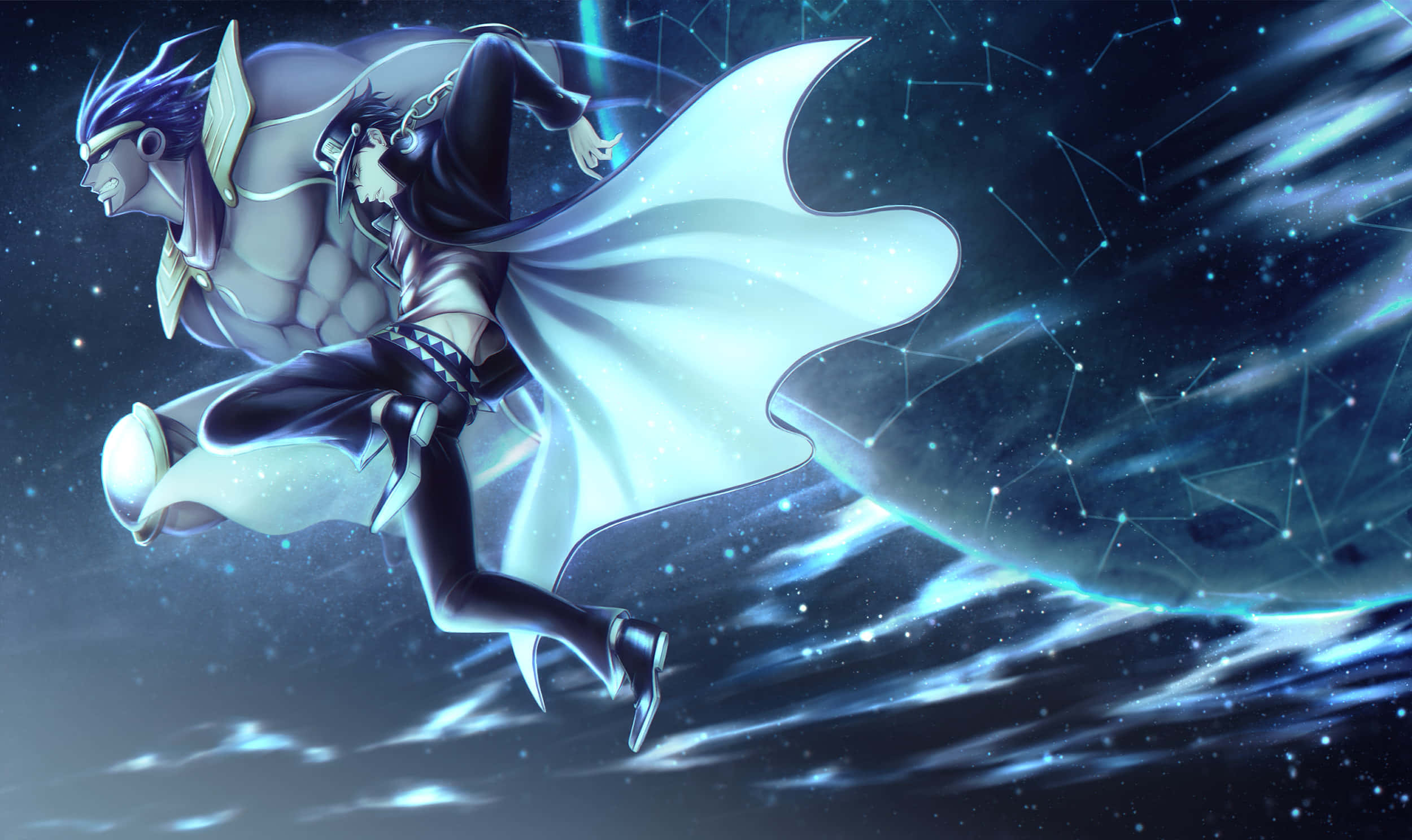 Jotaro Kujo 桌布 壁紙 — 兩個動漫角色在星光宇宙虛空中翱翔，帶有發光的藍色能量軌跡和星座。