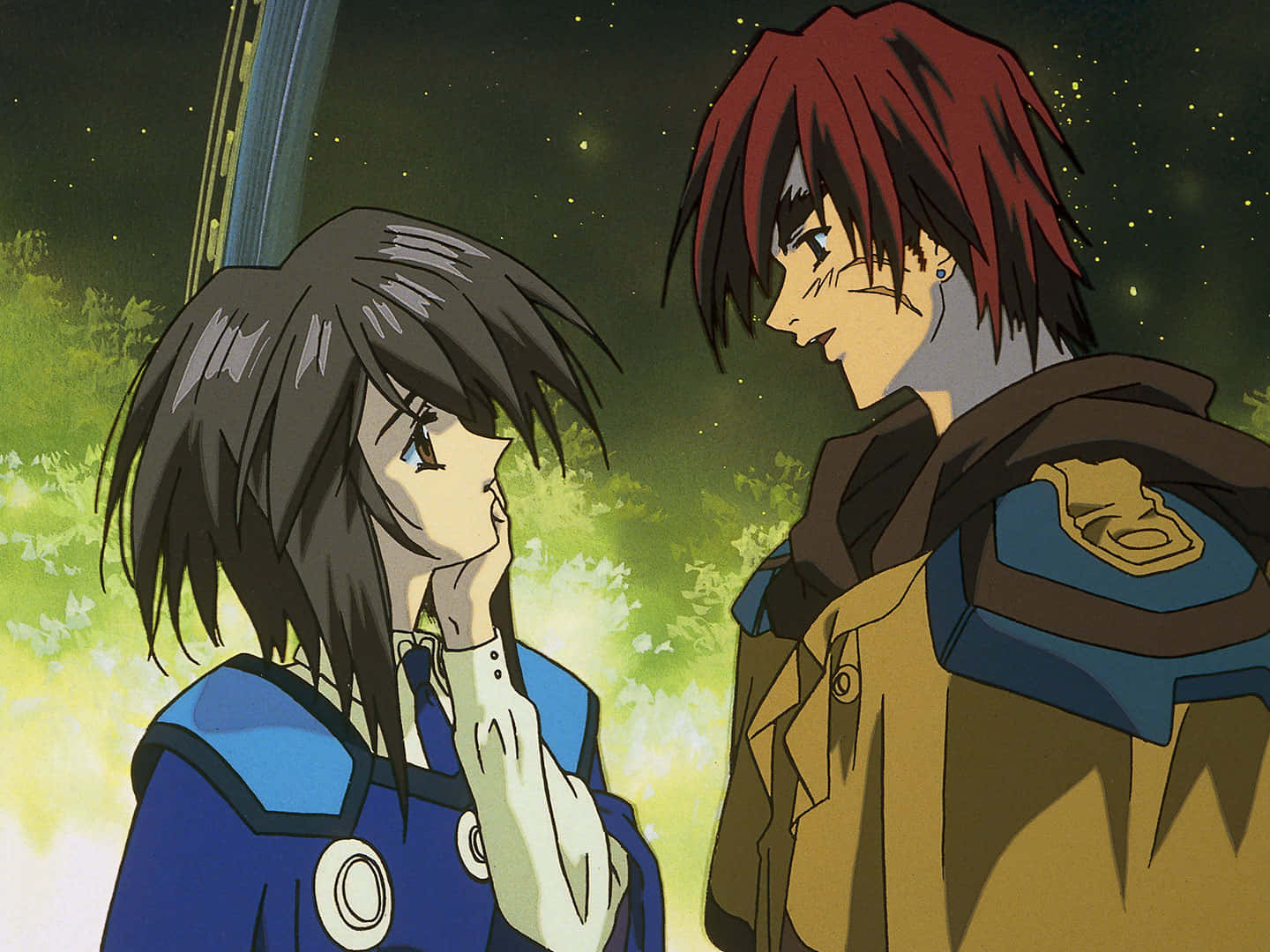Outlaw Star 桌布 壁紙 — 兩個動漫角色在星空下互相凝視，身後有發光的綠色樹葉。