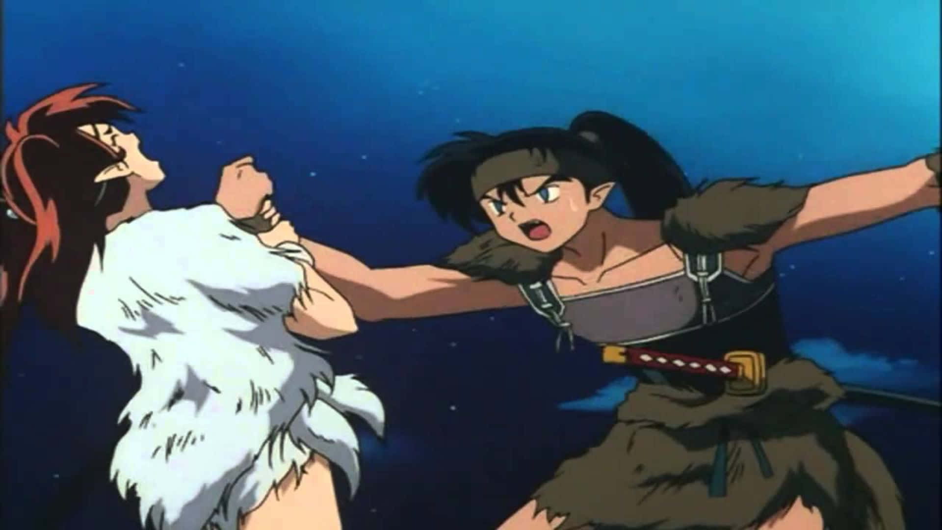 Inuyasha Koga 桌布 壁紙 — 兩個動漫角色在星空下進行動態的夜間戰鬥，表情豐富，穿著毛皮襯裡的衣服。
