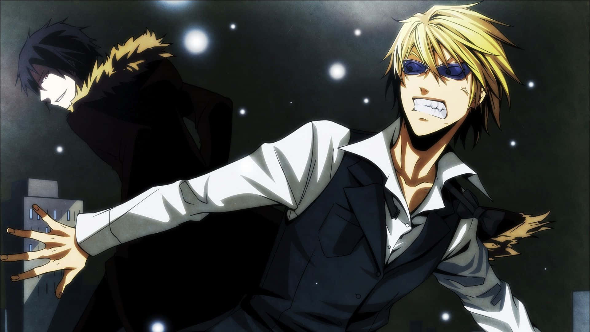 durarara 桌布 壁紙 — 兩個動漫角色在星空下進行緊張的夜間對峙，伴隨著發光的球體。