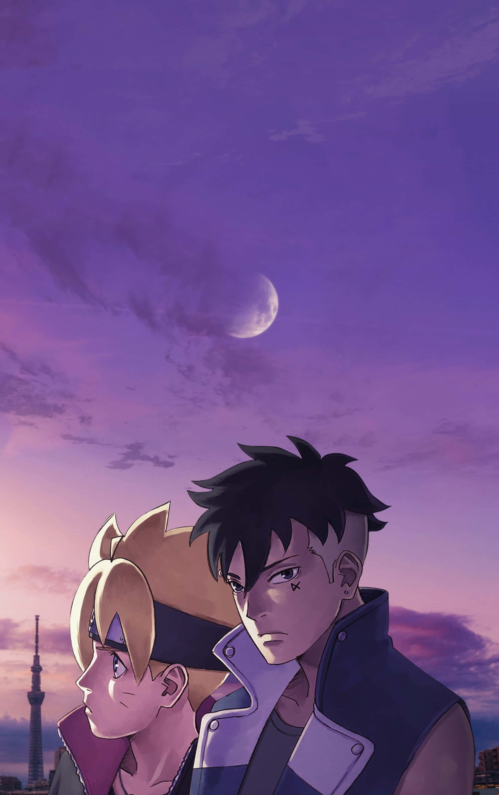 Boruto Vs Kawaki 桌布 壁紙 — 兩個動漫角色在暮色天空下仰望，遠處有新月和東京鐵塔。