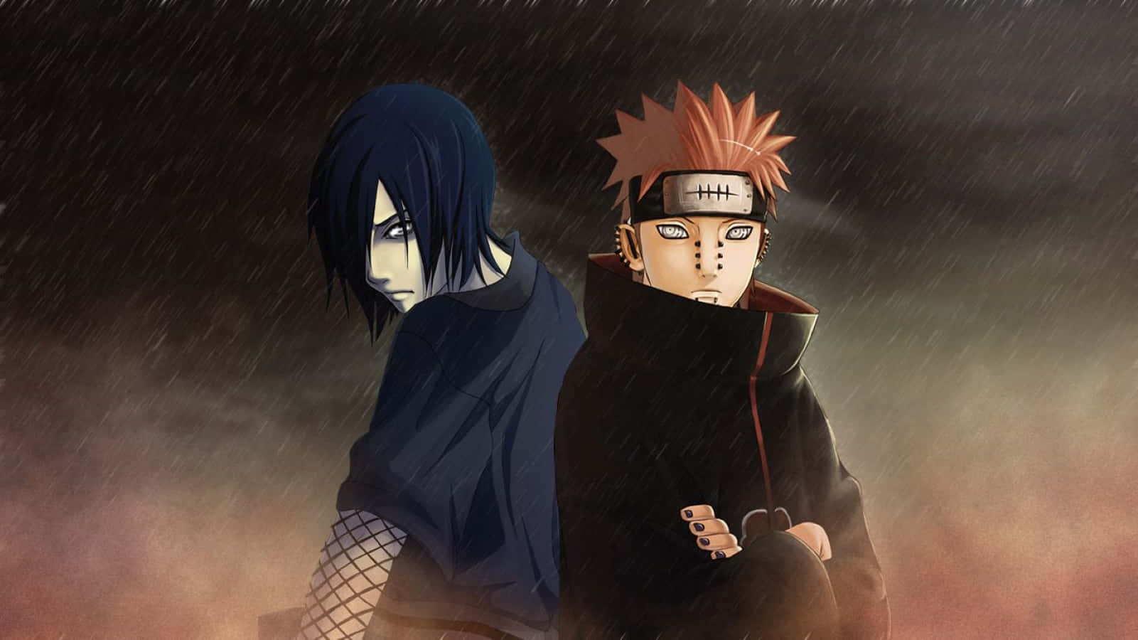Akatsuki Pain 桌布 壁紙 — 兩個動漫角色在暴風雨中背靠背站立，身後有烏雲和熾熱的橙色光芒。