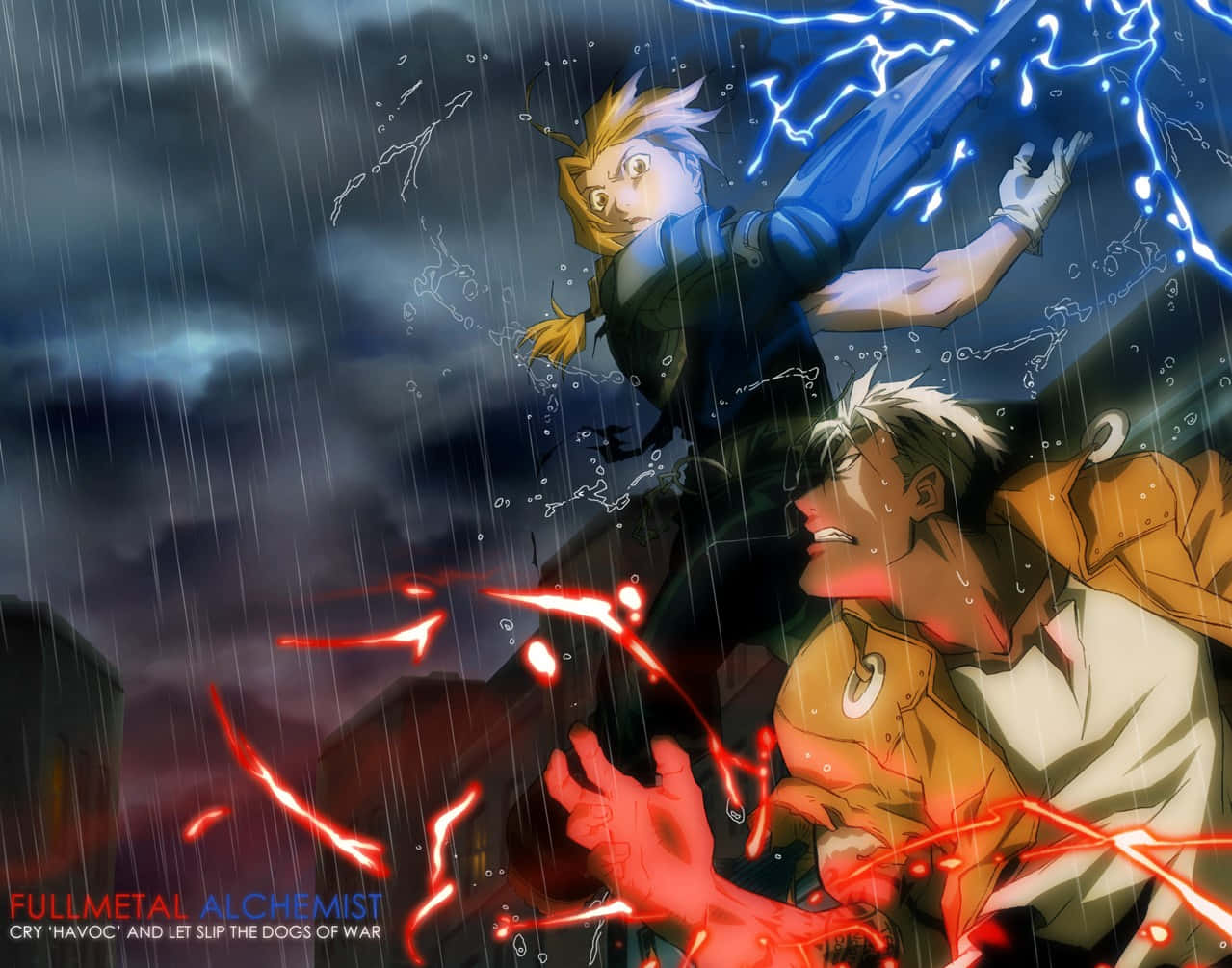 Fullmetal Alchemist Scar 桌布 壁紙 — 兩個動漫角色在暴風雨之夜碰撞，藍色閃電和紅色能量在他們周圍噼啪作響。