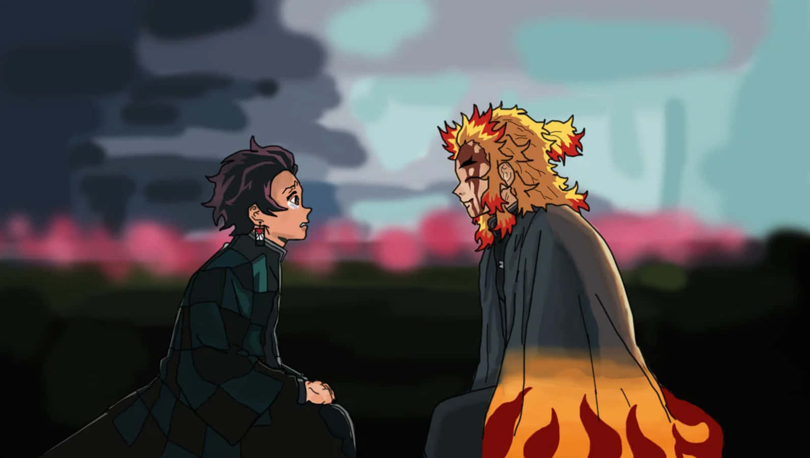 Rengoku And Tanjiro 桌布 壁紙 — 兩個動漫角色在暴風雨的天空下，帶著火焰般的頭髮和戲劇性的燈光面對面。