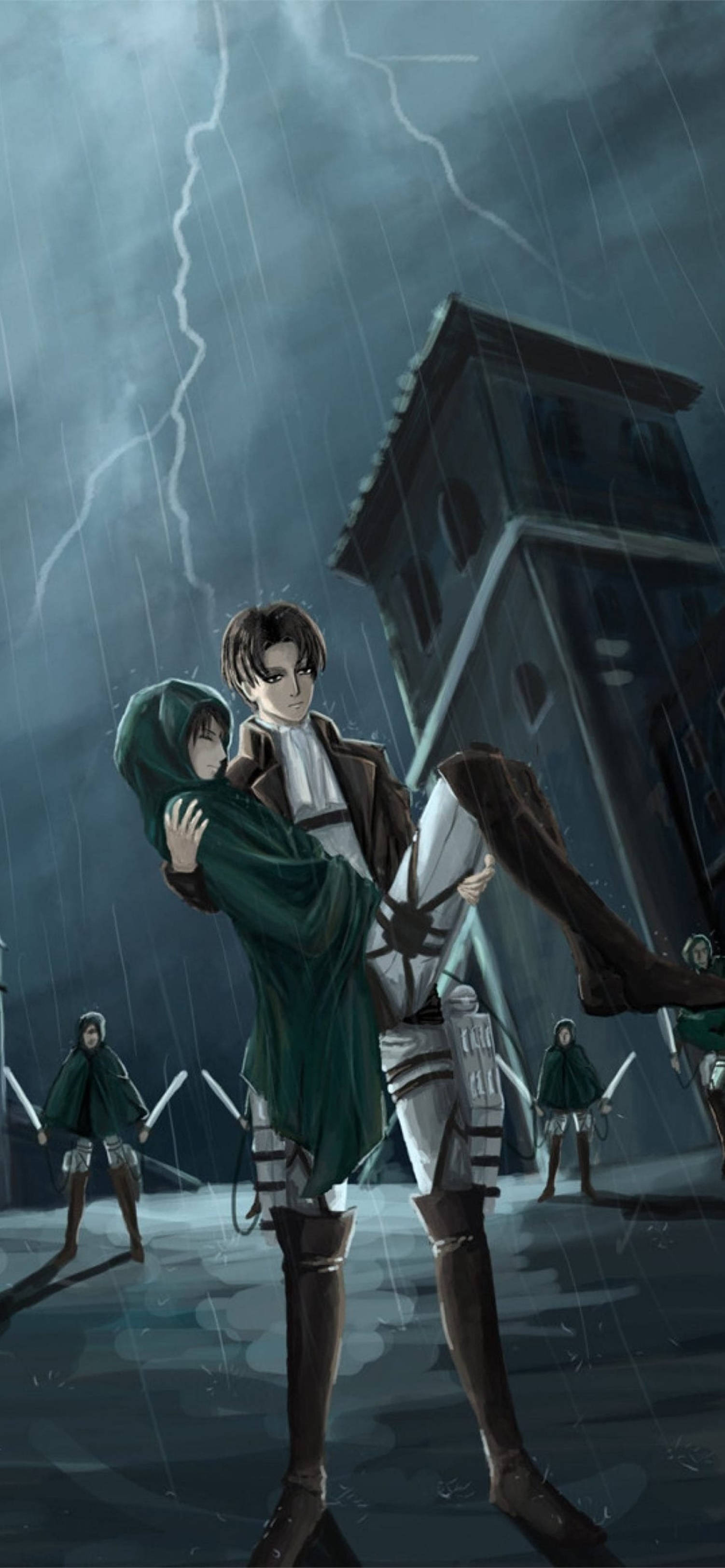 Levi 桌布 壁紙 — 兩個動漫角色在暴風雨的天空下，閃電擊中廢墟塔附近時擁抱。