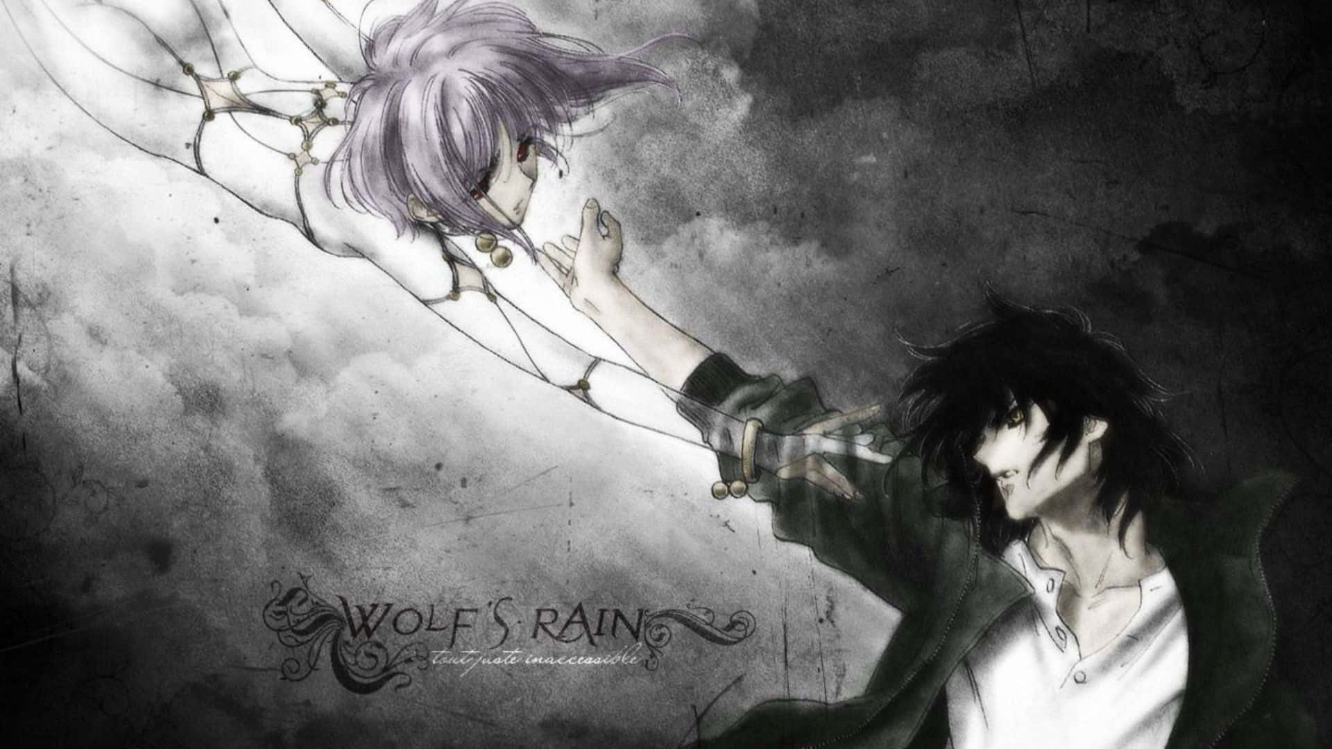 Wolf's Rain Cheza 桌布 壁紙 — 兩個動漫角色在暴風雨的灰色天空下，以戲劇性的燈光和墨水般的紋理互相伸手。