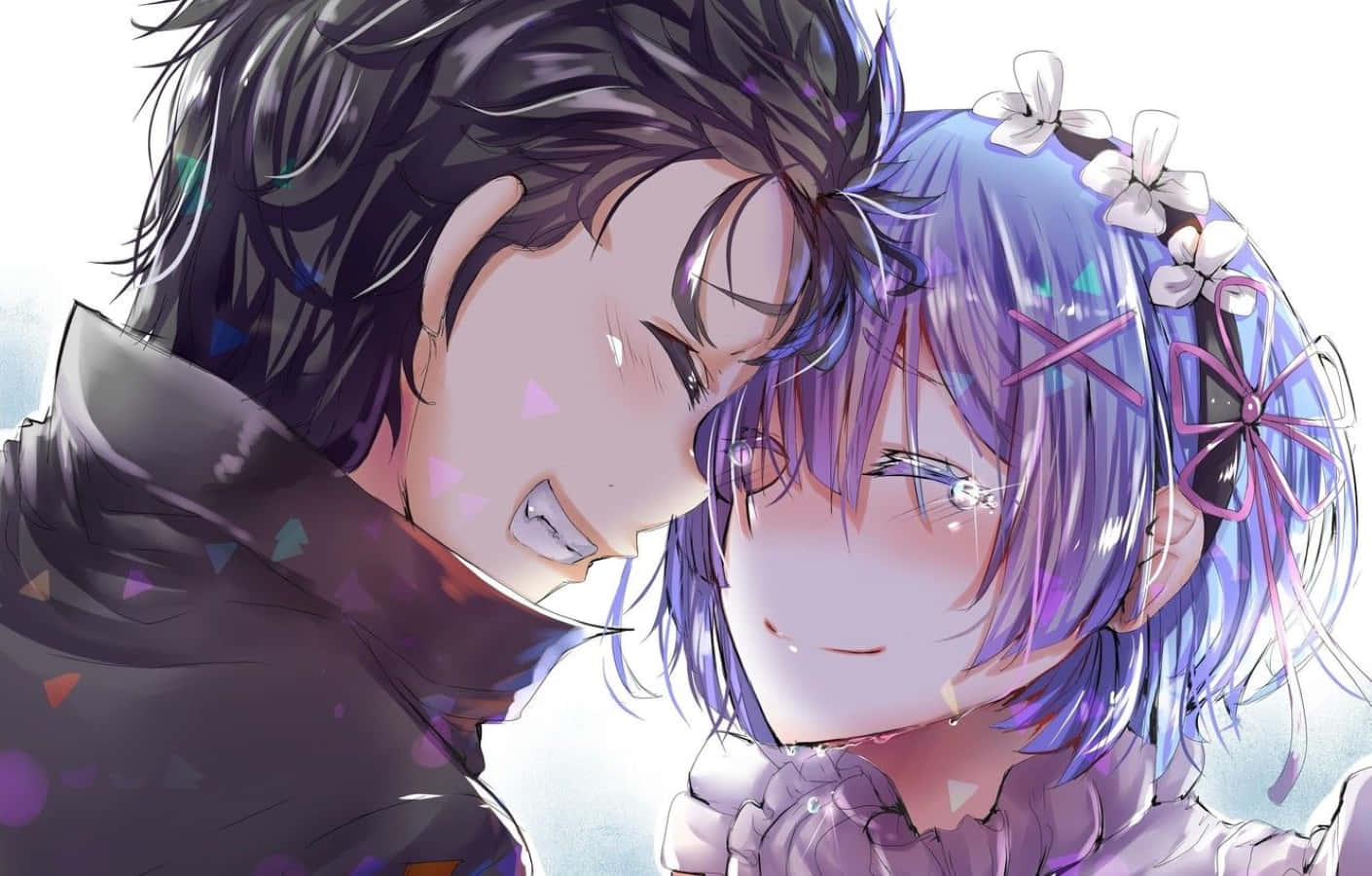 Subaru Natsuki 桌布 壁紙 — 兩個動漫角色在柔和燈光和飄浮的粉彩色紙屑中分享溫馨時刻。