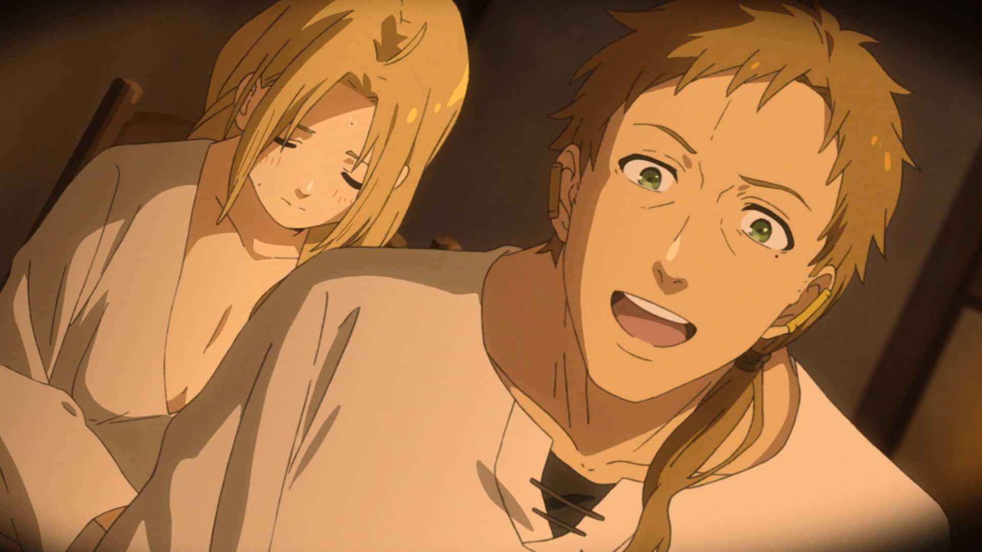 Mushoku Tensei 桌布 壁紙 — 兩個動漫角色在溫暖的金色光芒中分享親密時刻，帶有柔和陰影和富有表現力的面孔。