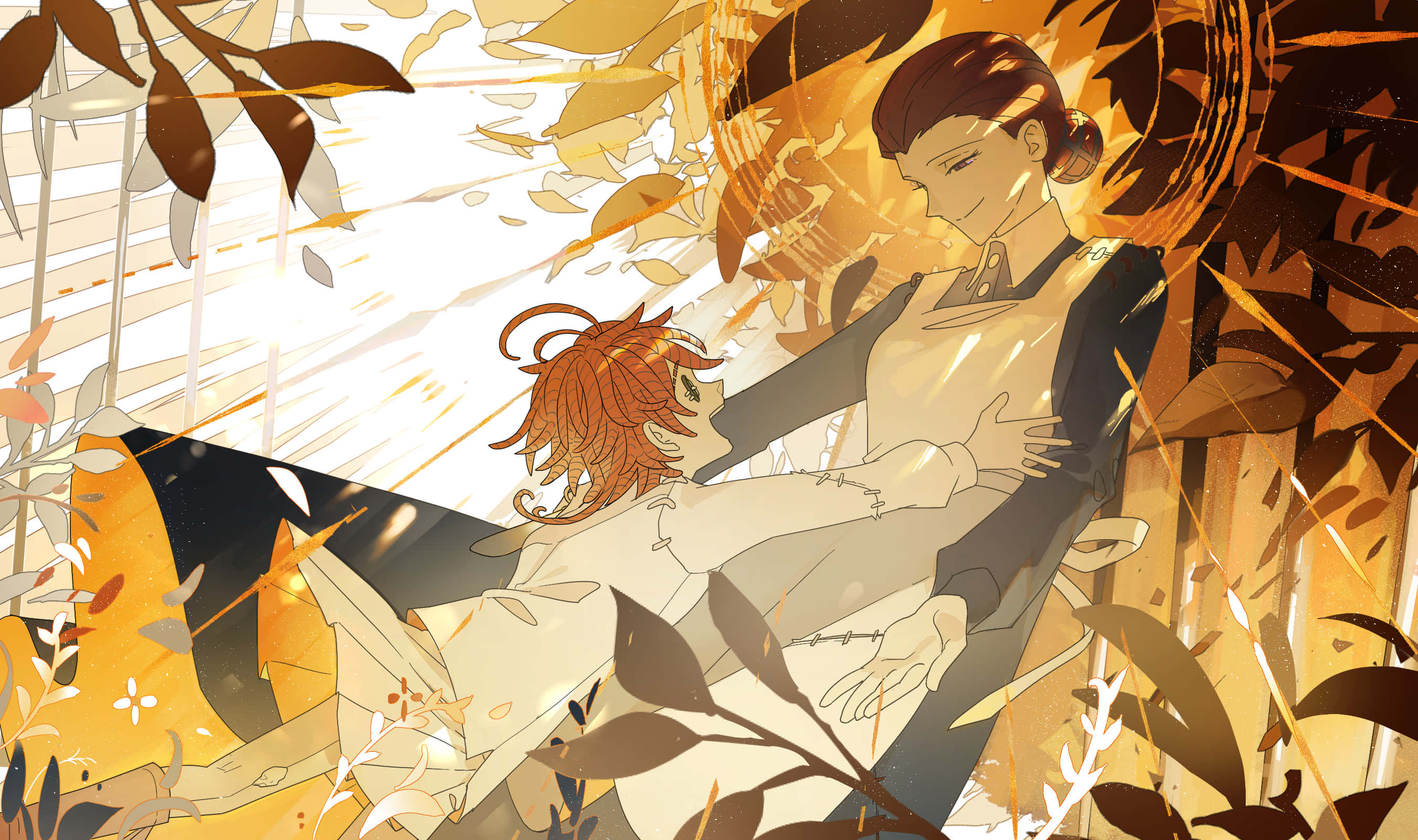 The Promised Neverland Isabella 桌布 壁紙 — 兩個動漫角色在溫暖陽光下，於旋轉的金色秋葉中擁抱。