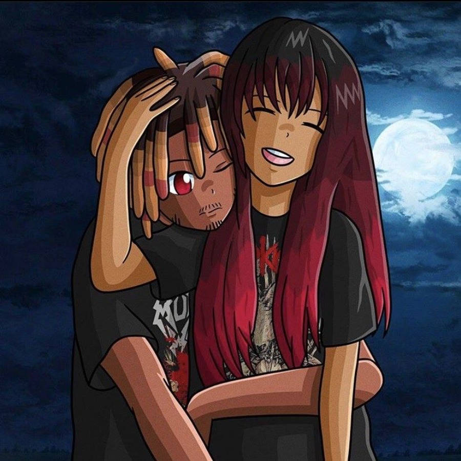 Juice Wrld Anime 桌布 壁紙 — 兩個動漫角色在滿月下擁抱。紅髮的一個微笑，而梳著辮子頭的另一個則移開視線。