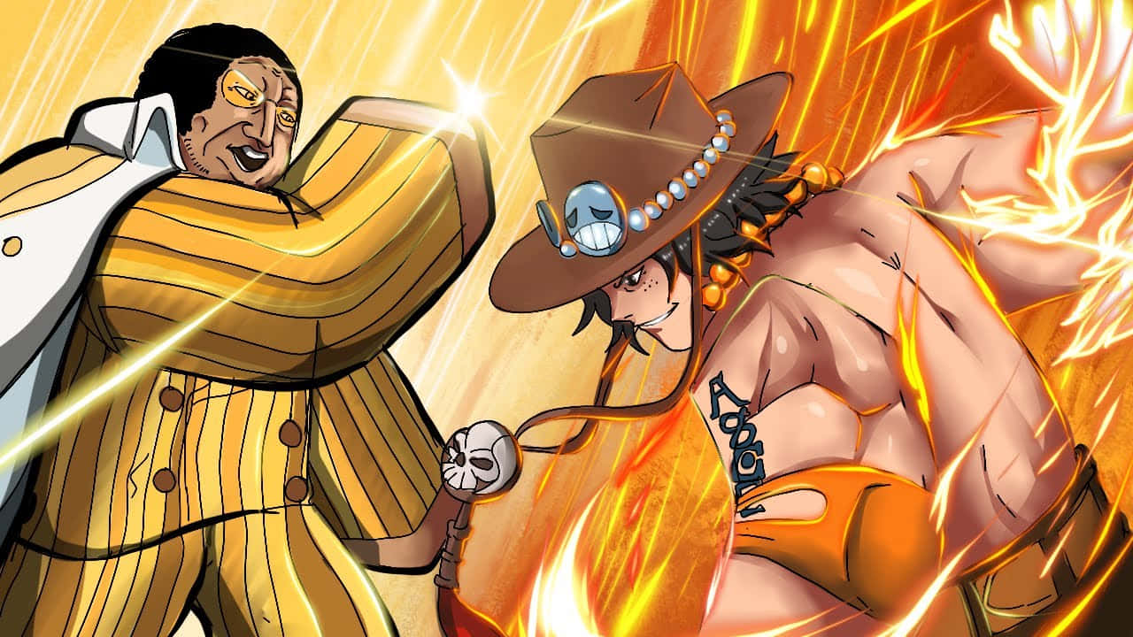 Kizaru 桌布 壁紙 — 兩個動漫角色在激烈的戰鬥中碰撞，伴隨著發光的能量光束和動態的運動線條。