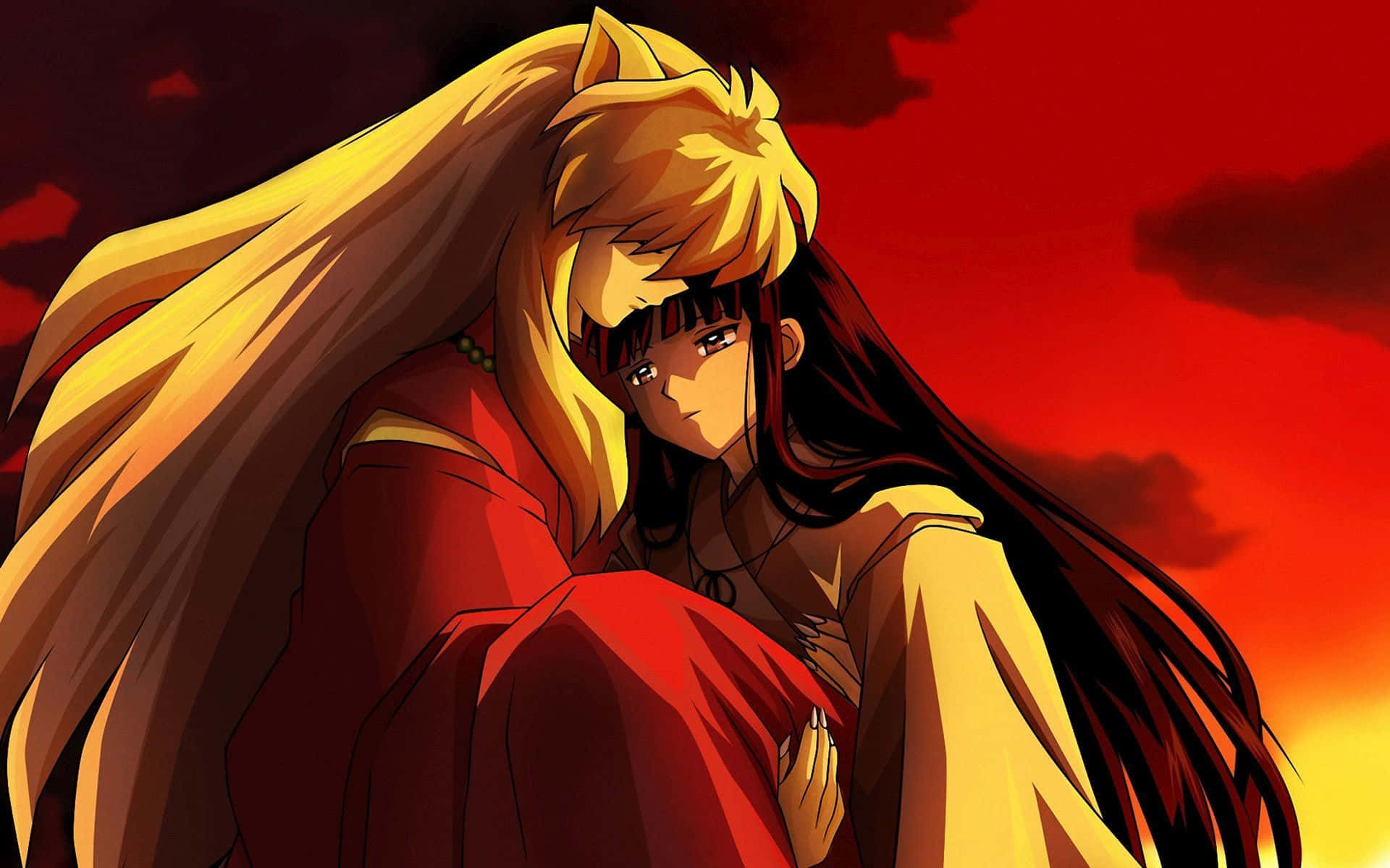 Sesshomaru 桌布 壁紙 — 兩個動漫角色在火紅的夕陽天空下擁抱，帶有戲劇性的光線和飄逸的頭髮。