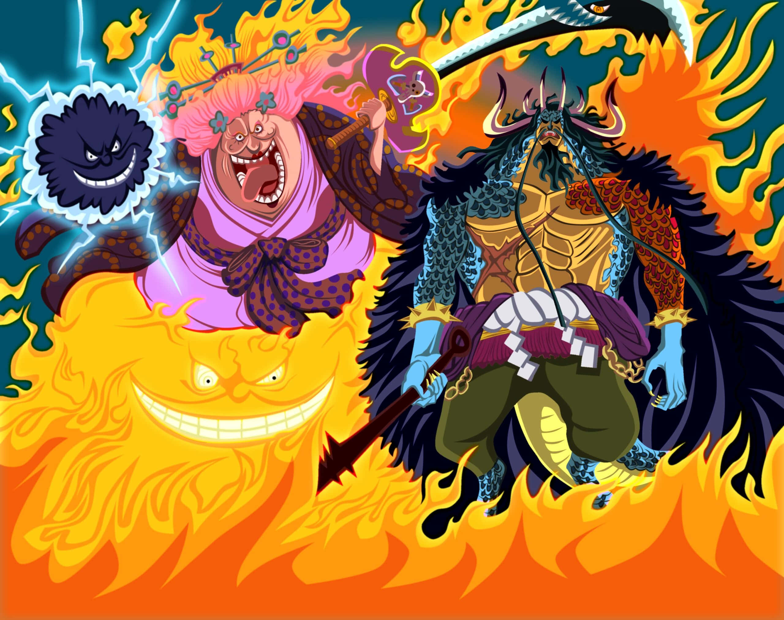 Four Emperors 桌布 壁紙 — 兩個動漫角色在熾熱的爆炸和閃電中戰鬥，下方有一個咧嘴笑的火焰精靈。