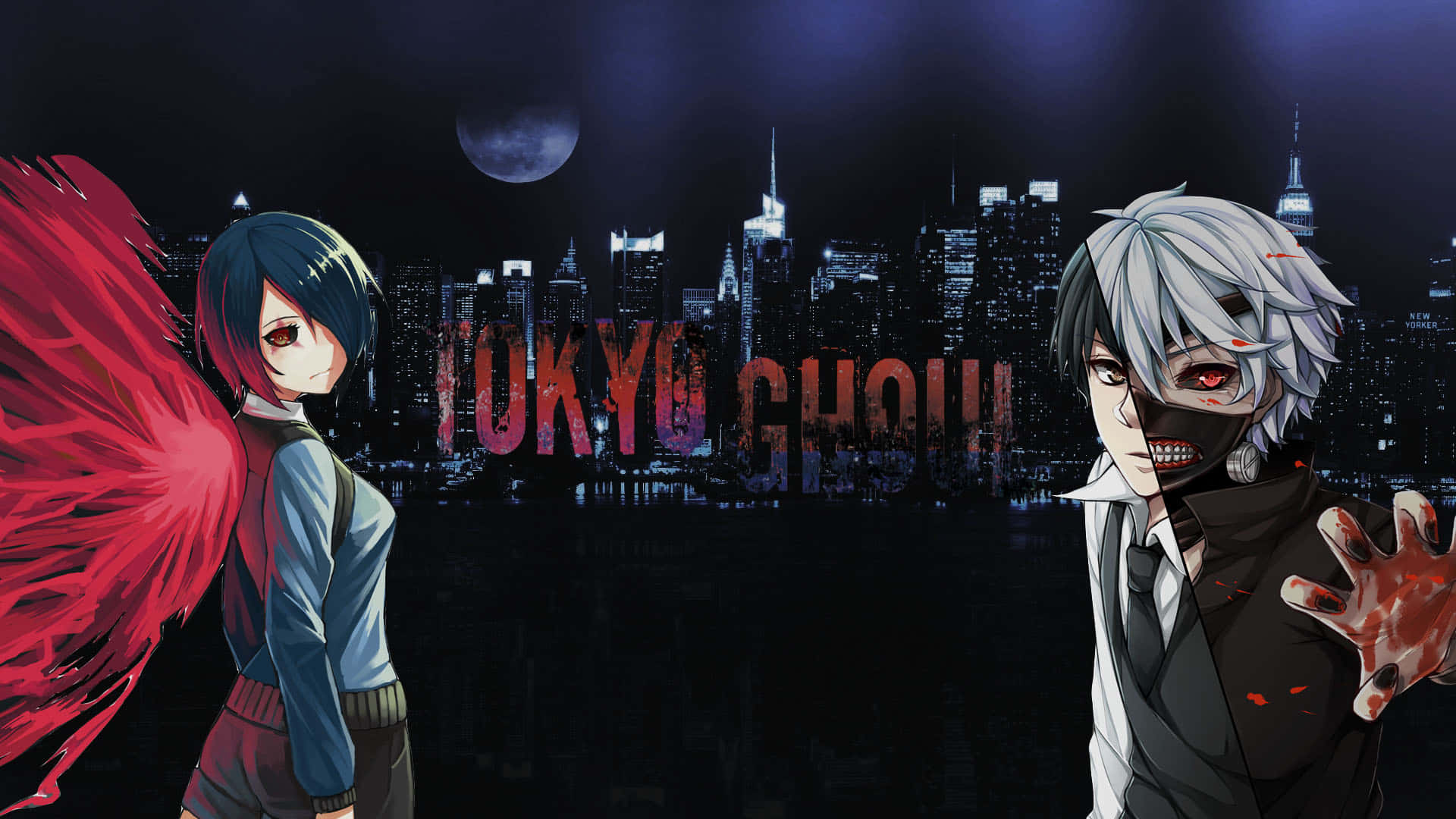 Touka Kirishima 桌布 壁紙 — 兩個動漫角色在發光的月亮下，以黑暗的東京天際線為背景，伴隨著血濺效果對峙。