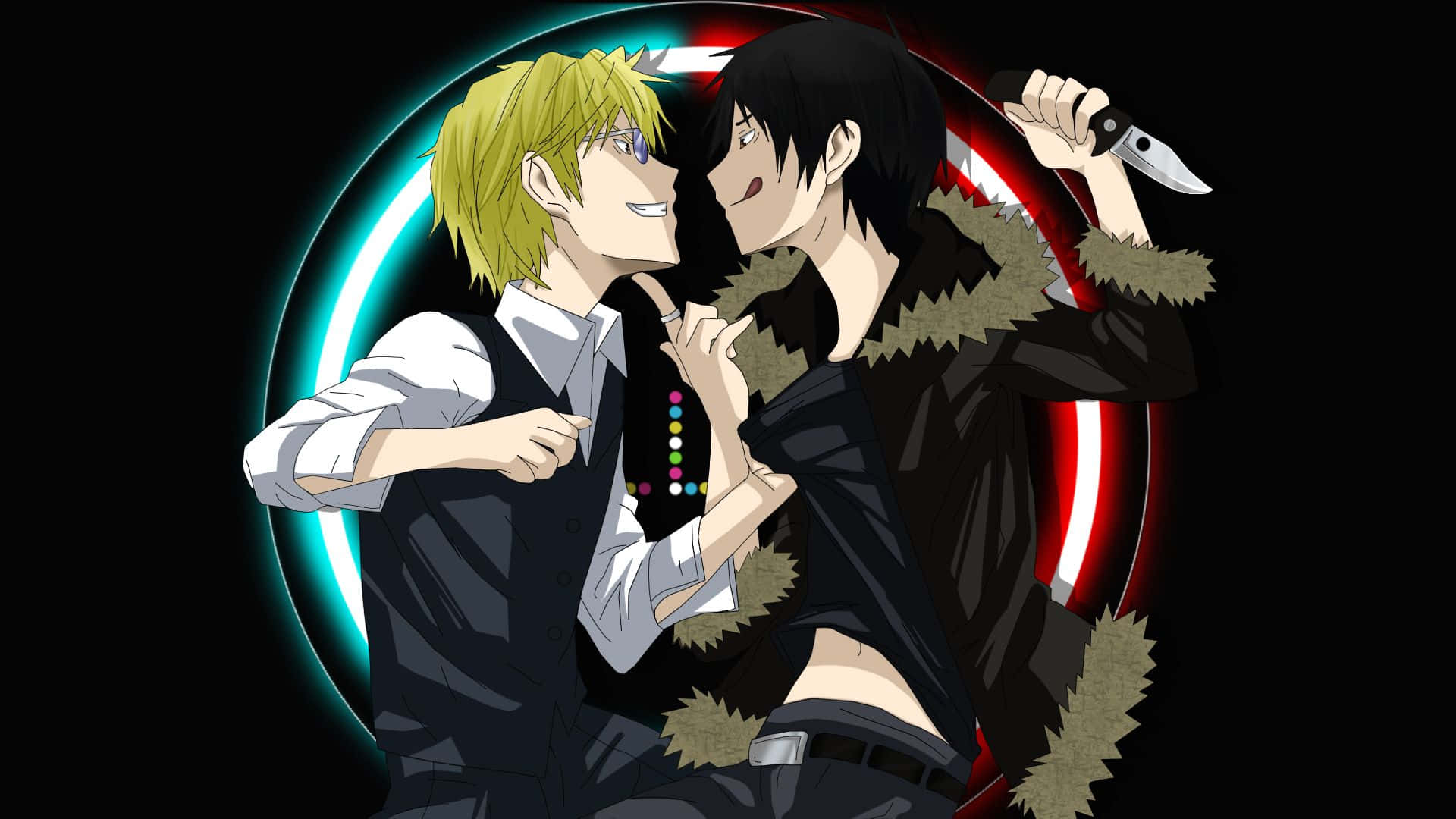 durarara 桌布 壁紙 — 兩個動漫角色在發光的霓虹環背後緊張對峙。