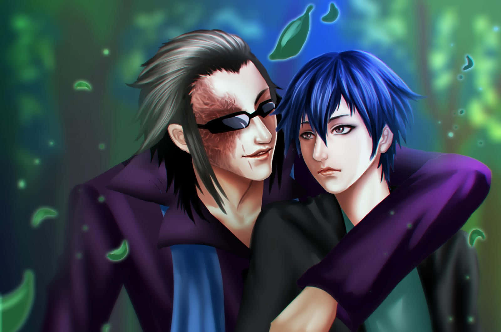 Aoba Kuronuma 桌布 壁紙 — 兩個動漫角色在神秘森林中擁抱，發光的綠色樹葉在他們周圍旋轉。