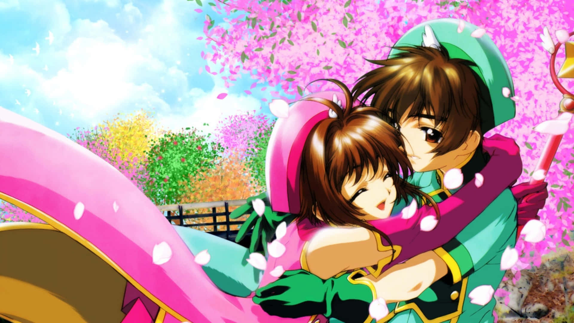 An Image of Cardcaptor Sakura Surveying Her World 壁紙 — 兩個動漫角色在粉紅色櫻花雨中擁抱，背景是明亮的藍天。
