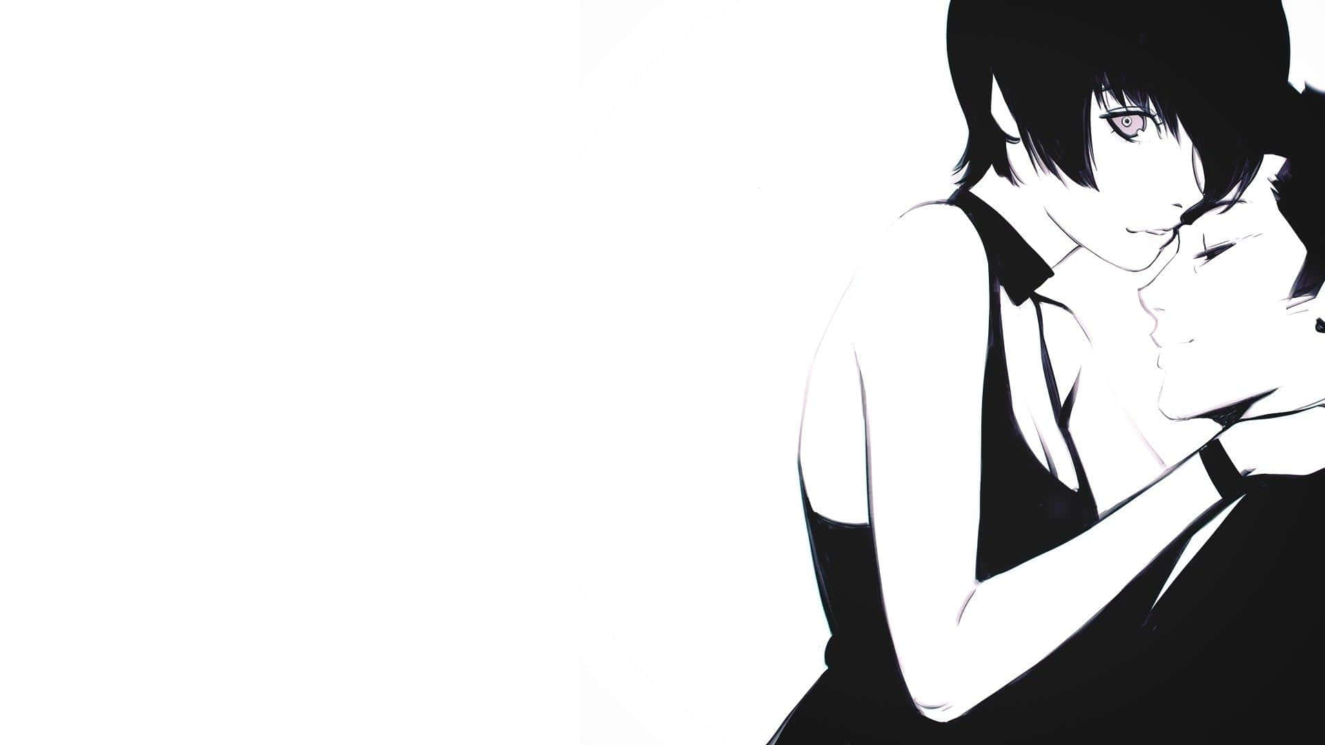 Black And White Anime 桌布 壁紙 — 兩個動漫角色在純白背景上溫柔擁抱，帶有高對比度的黑白陰影。