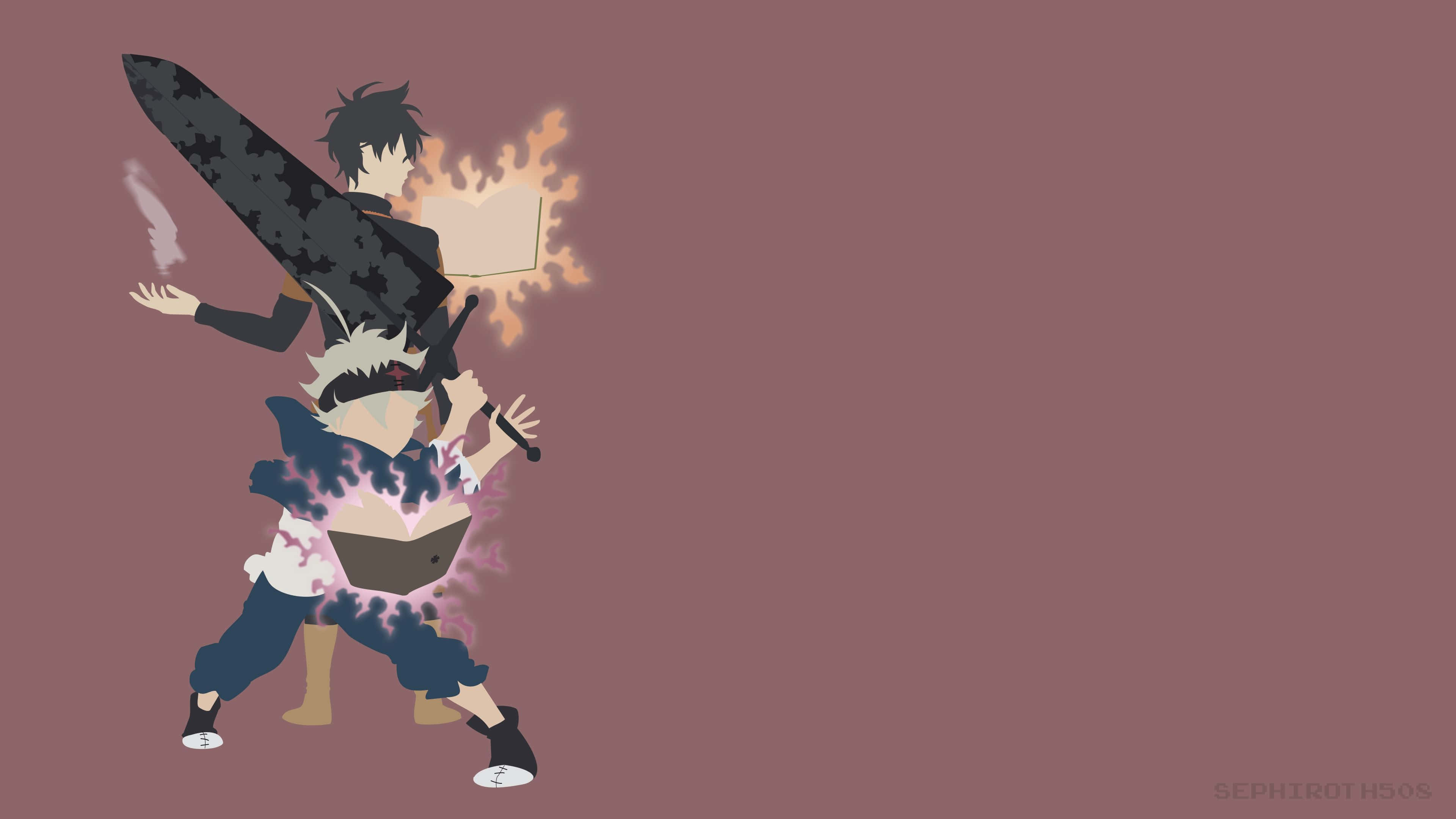 Black Clover Anime 桌布 壁紙 — 兩個動漫角色在純紫紅色背景上，以火焰和煙霧能量效果進行動態戰鬥碰撞。