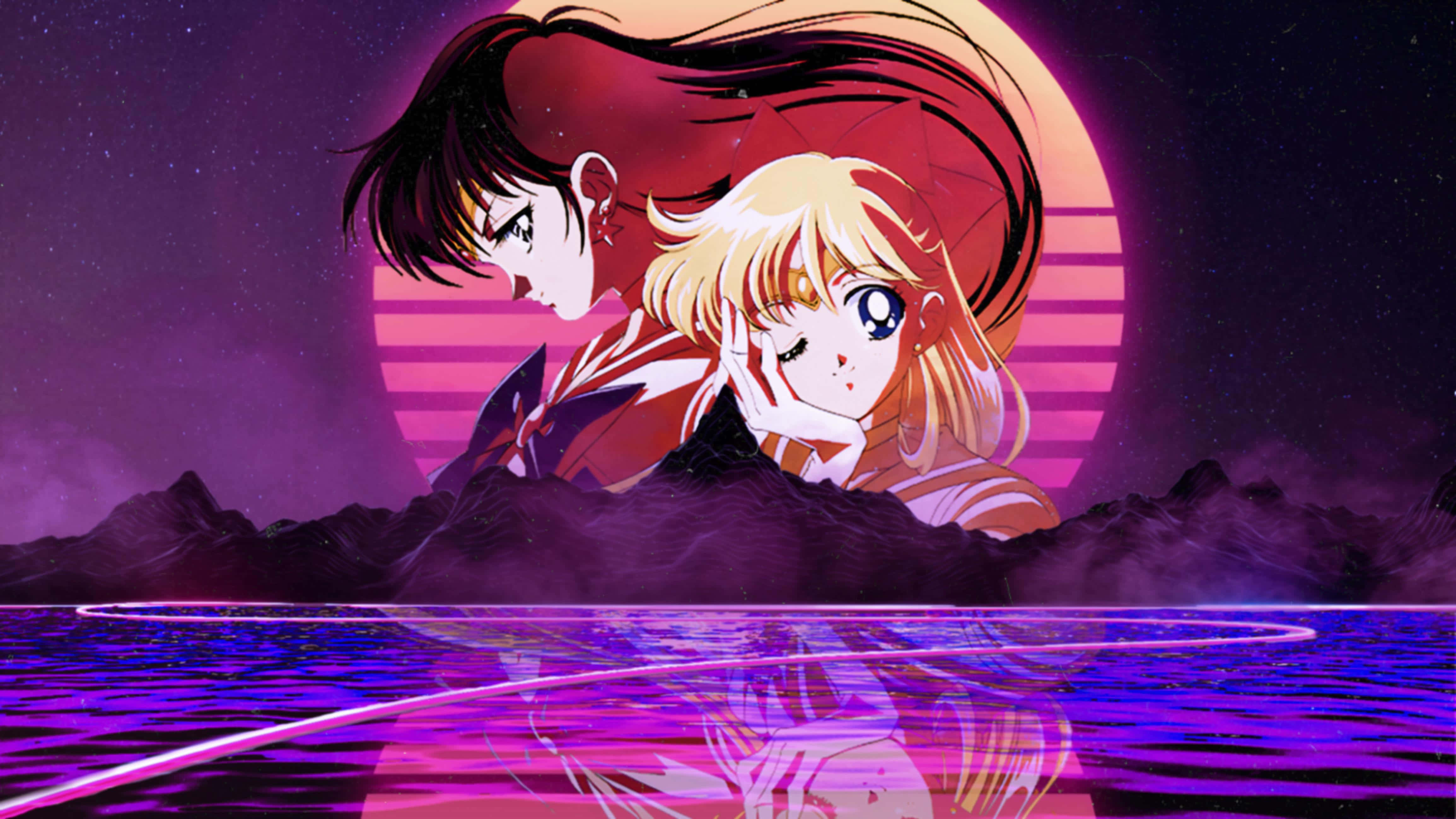 sailor mars 桌布 壁紙 — 兩個動漫角色在紫色水中倒映的黑暗山脈上，映著發光的粉紅色日落擁抱。