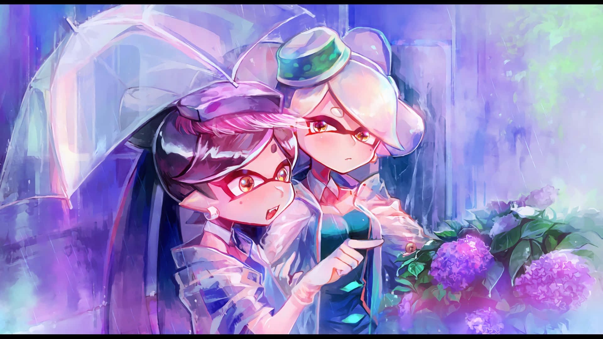 splatoon 桌布 壁紙 — 兩個動漫角色在紫色雨中共享一把透明雨傘，帶著溫暖的表情凝視繡球花。