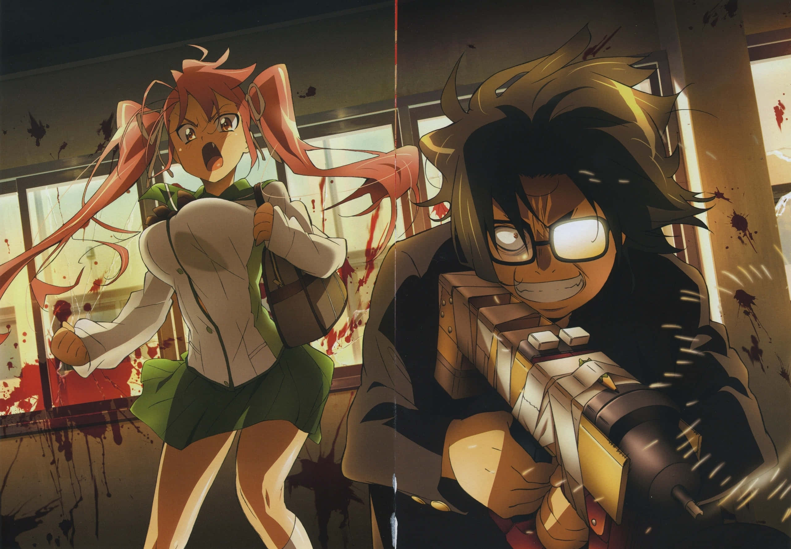 Highschool Of The Dead 桌布 壁紙 — 兩個動漫角色在血跡斑斑的教室裡，一個揮舞武器，另一個驚恐尖叫。