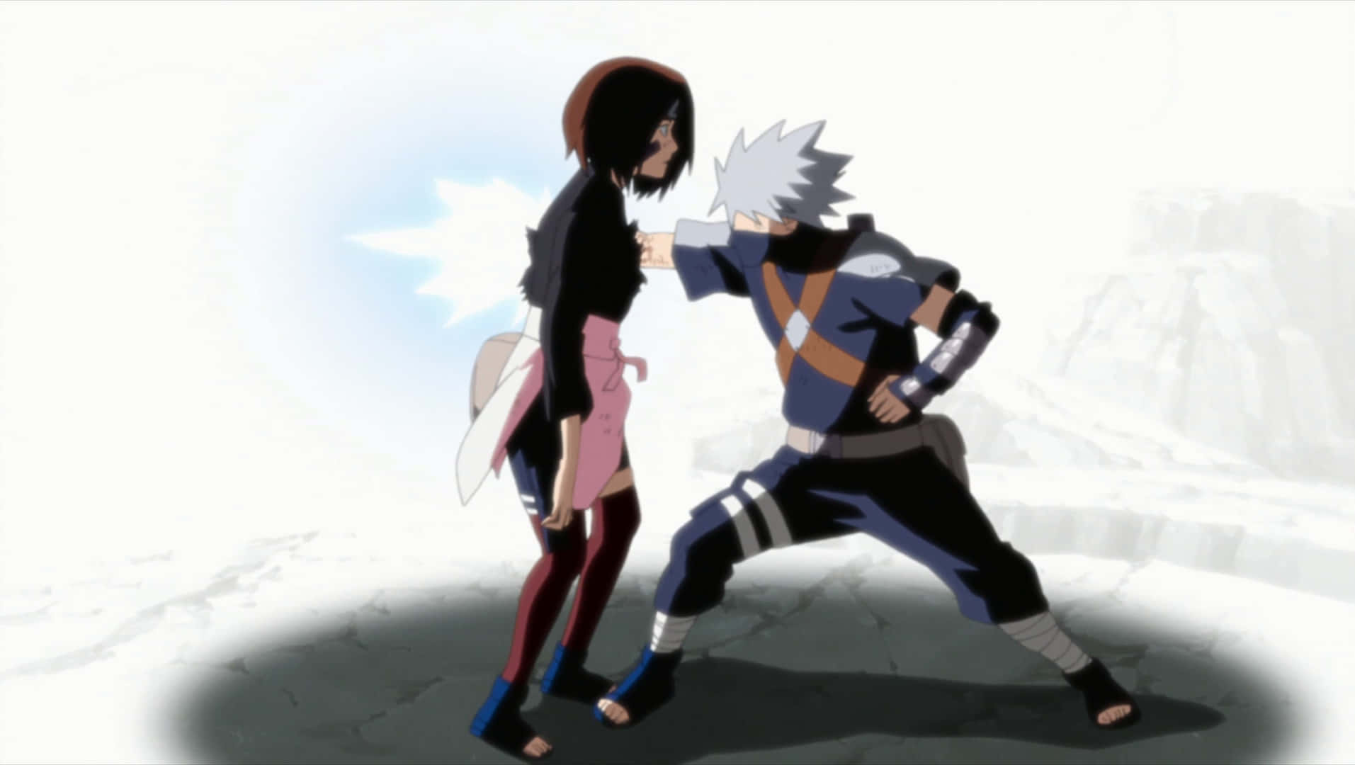 Kakashi And Rin 桌布 壁紙 — 兩個動漫角色在裂開的地面上擺出戰鬥姿勢，身後有明亮的星爆。