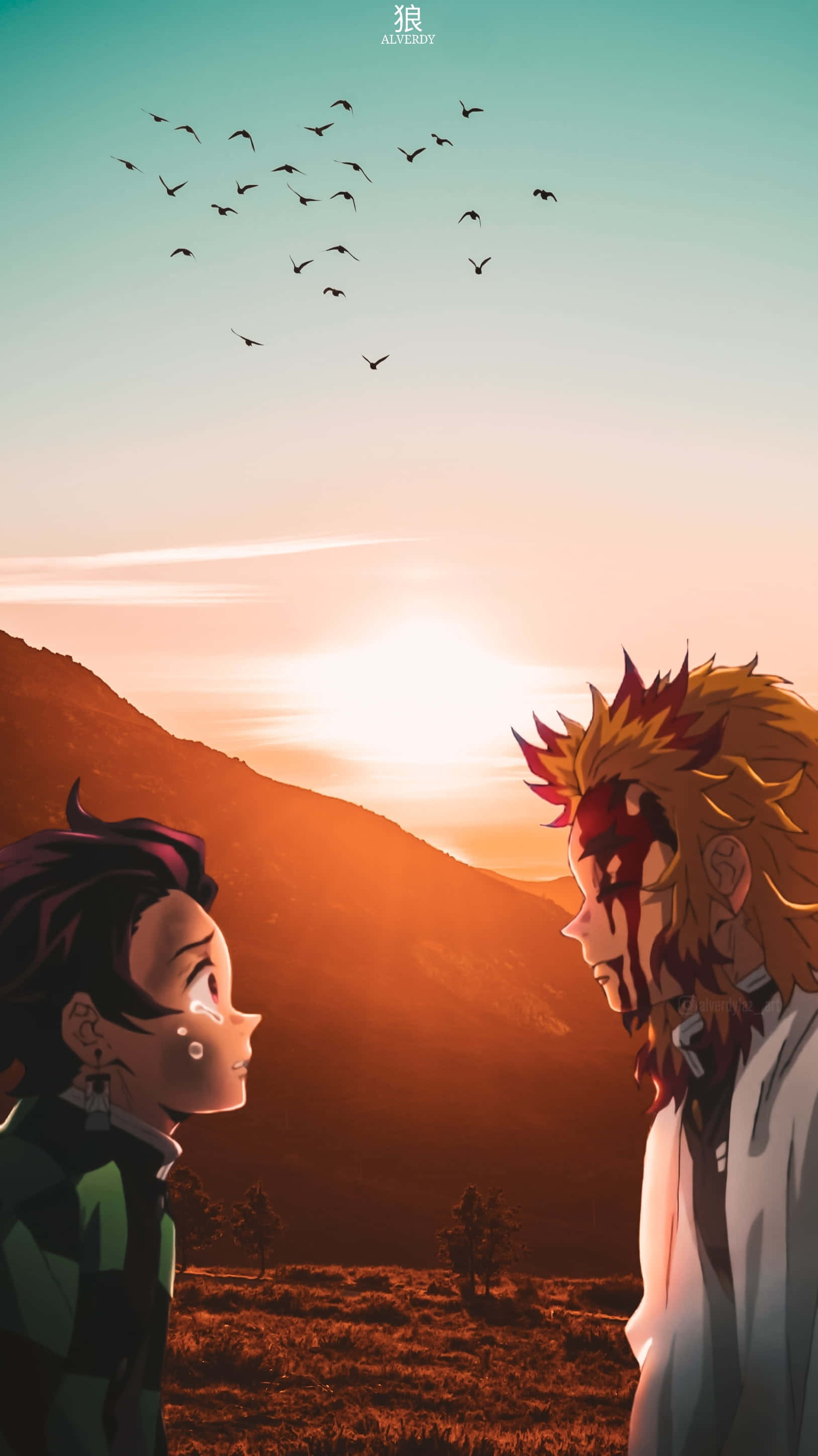 Rengoku And Tanjiro 桌布 壁紙 — 兩個動漫角色在金色日落山谷中面對面，頭頂有鳥兒飛過。