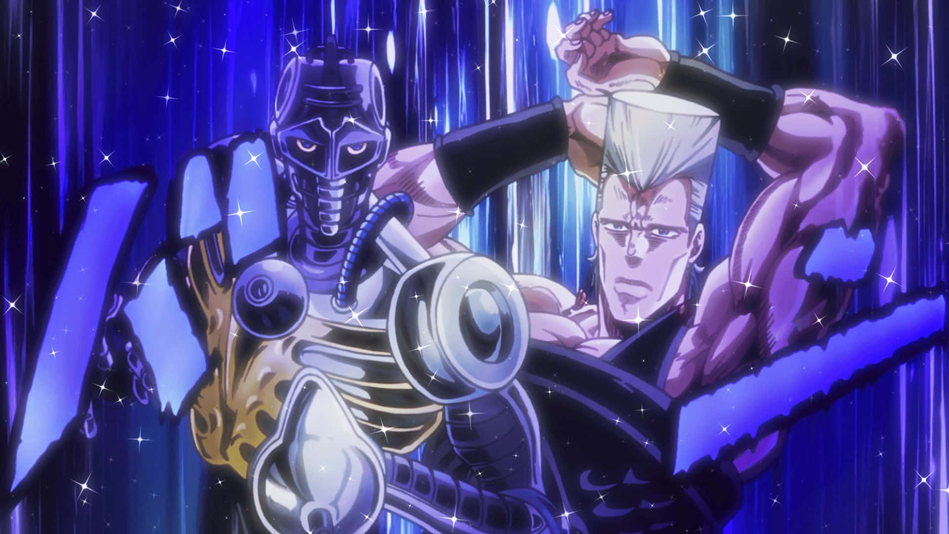 Jean Pierre Polnareff 桌布 壁紙 — 兩個動漫角色在閃爍的藍色宇宙背景下以動態姿勢碰撞。
